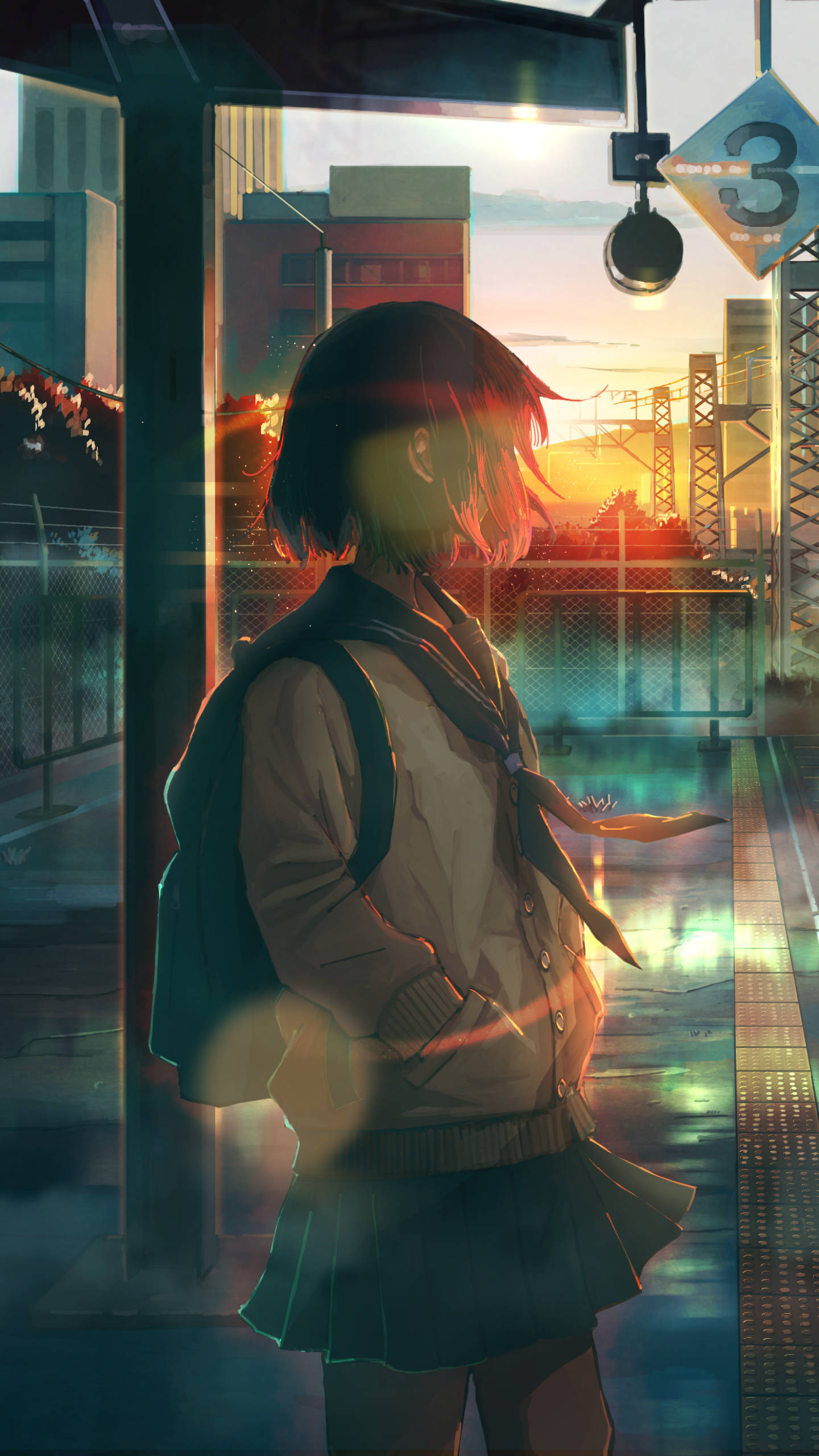 school uniform, train station platform, golden sunset, 2K Phone Wallpaper