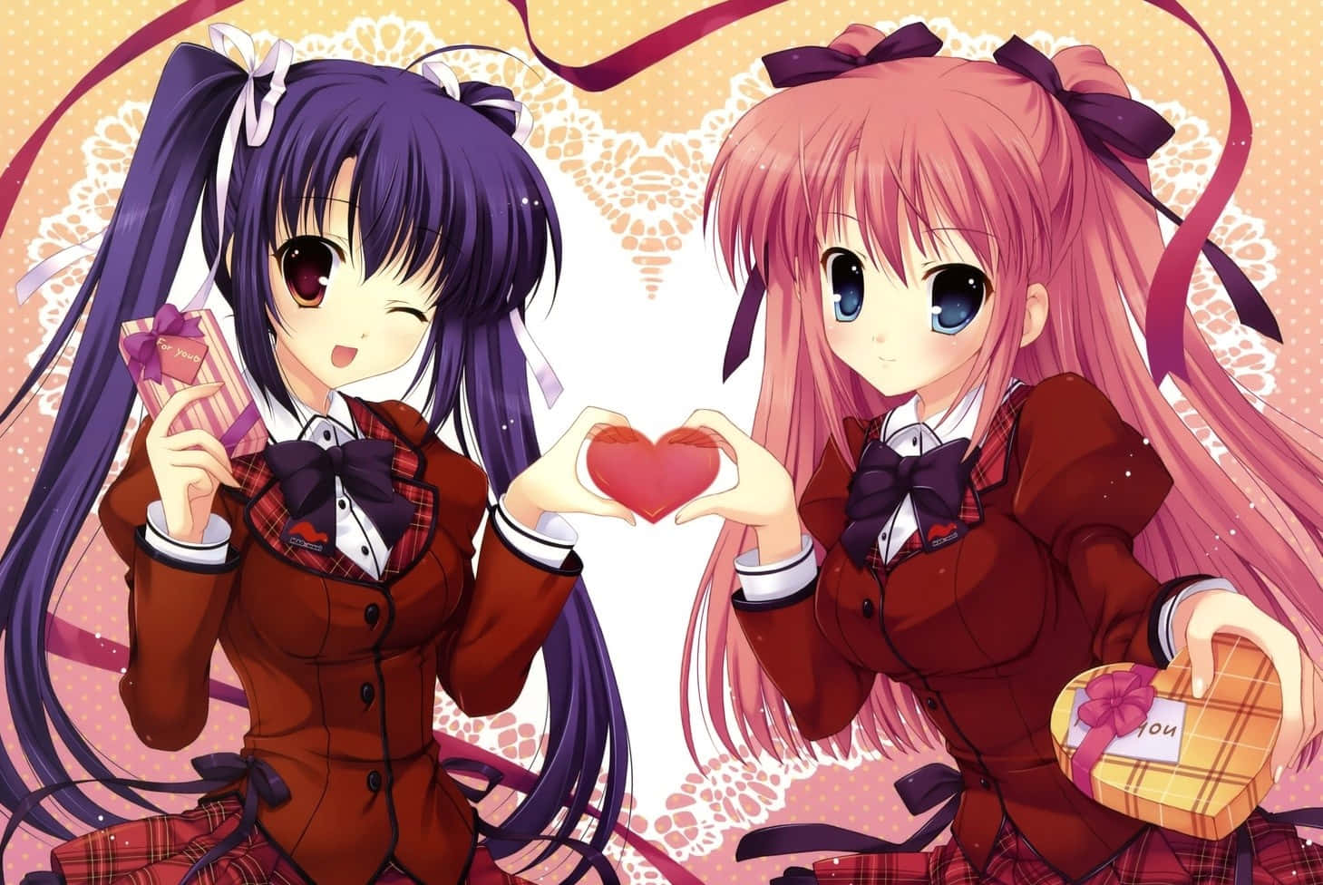 anime school girl, cute purple pink, school uniforms, HD Desktop Wallpaper