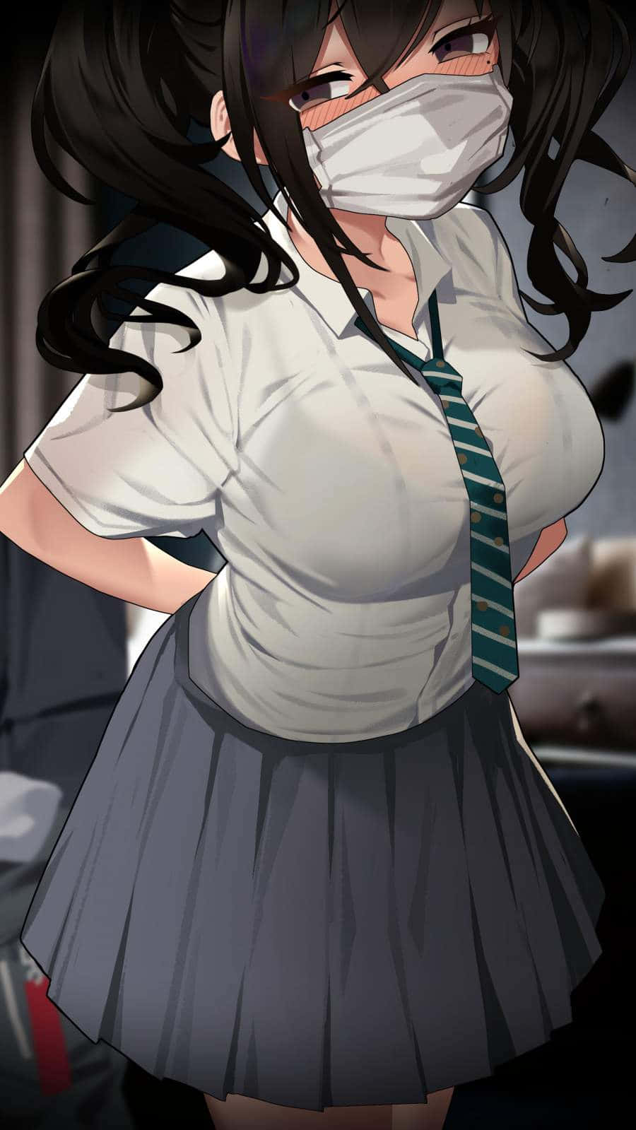 anime girl, school uniform, face mask, HD Phone Wallpaper