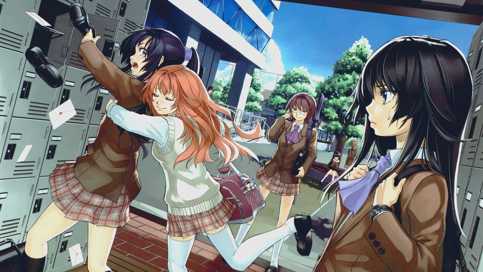 anime cute school girl group, school uniforms, flying papers, HD Desktop Wallpaper