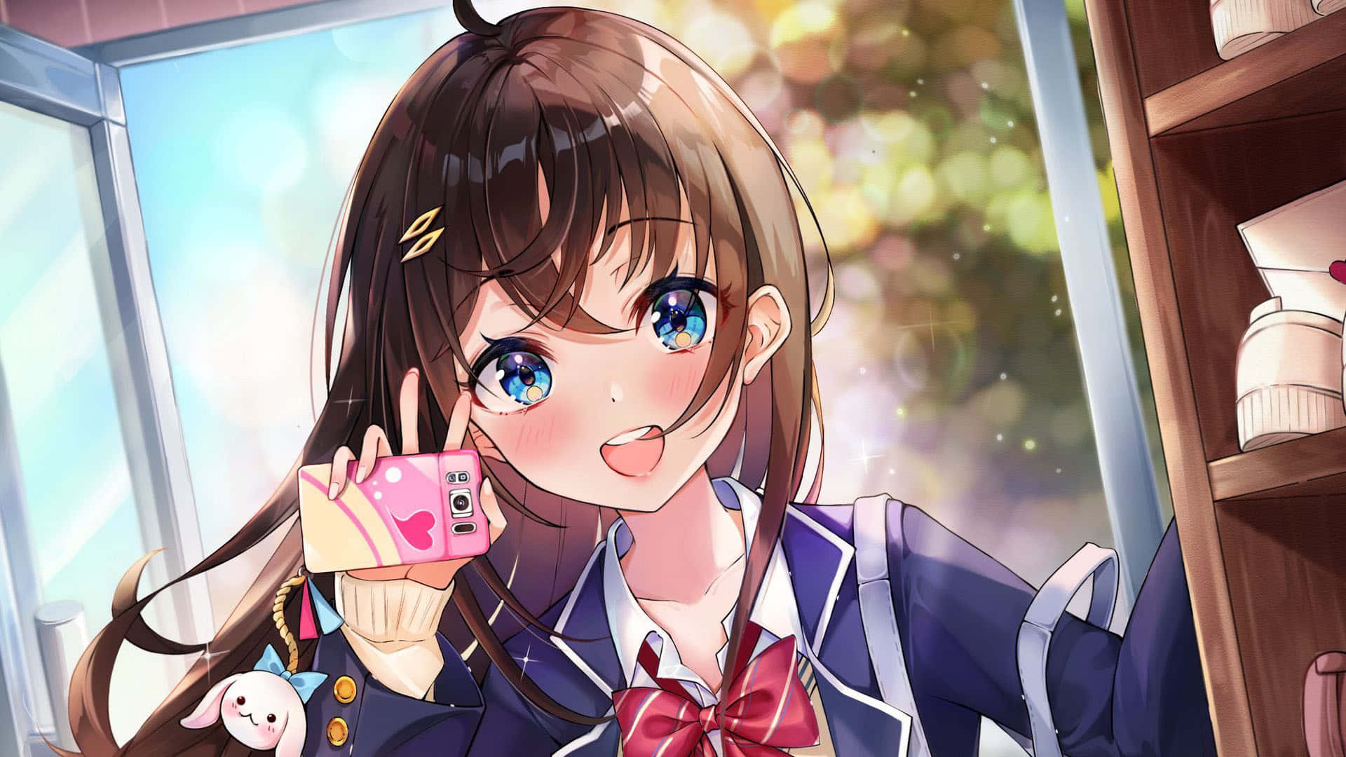 anime school girl, school uniform, pink phone, Full HD Desktop Wallpaper