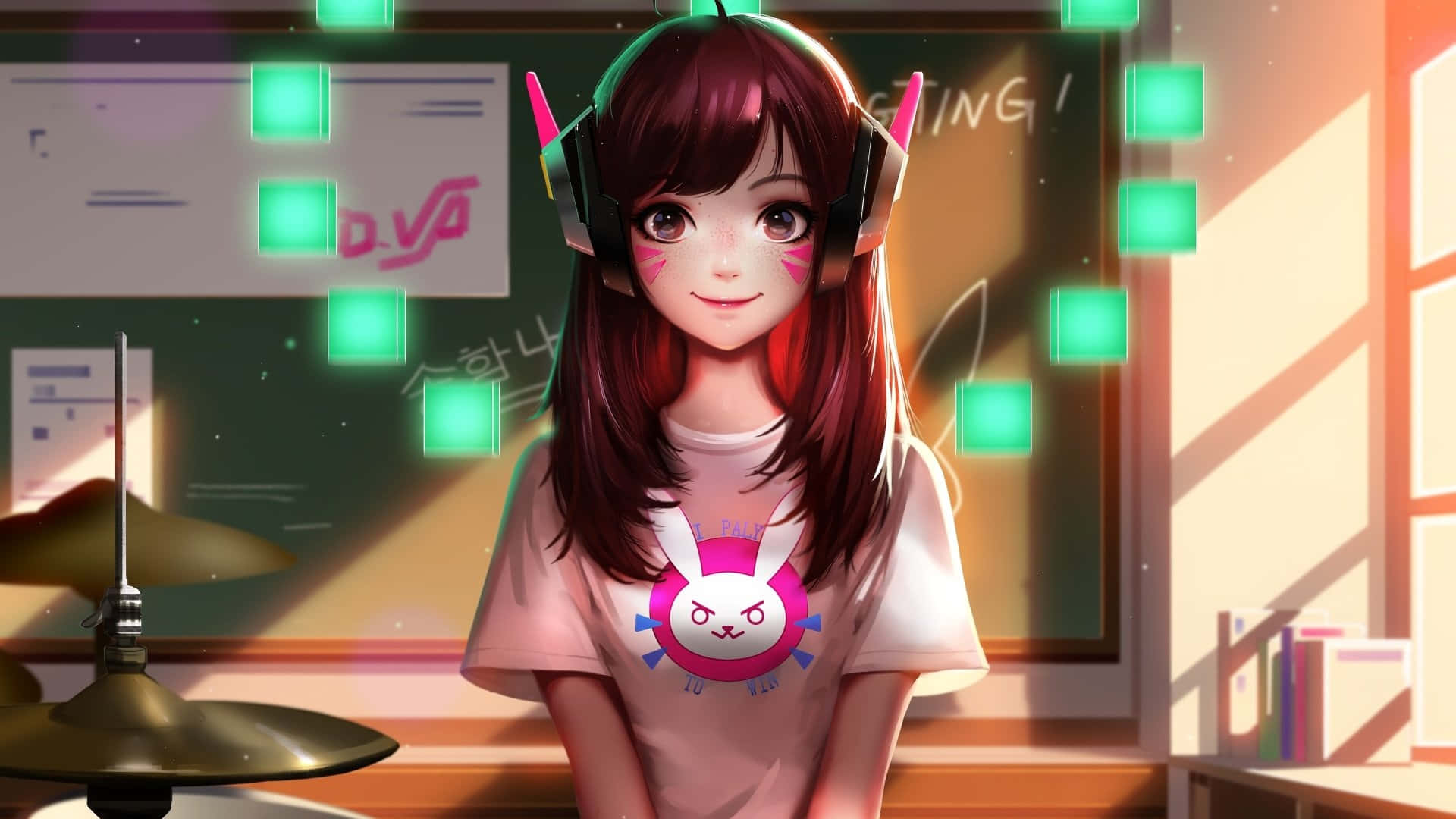 Anime school girl, red hair, headphones, Full HD Desktop Wallpaper