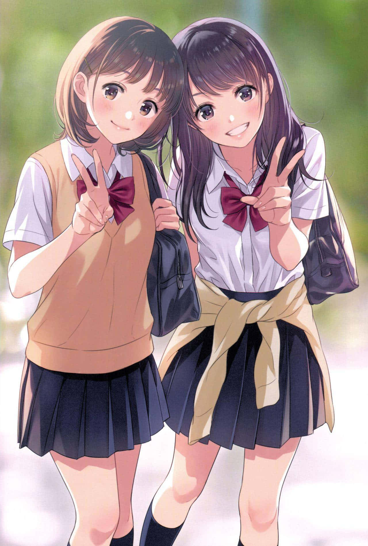anime girls, school uniforms, peace signs, HD Phone Wallpaper