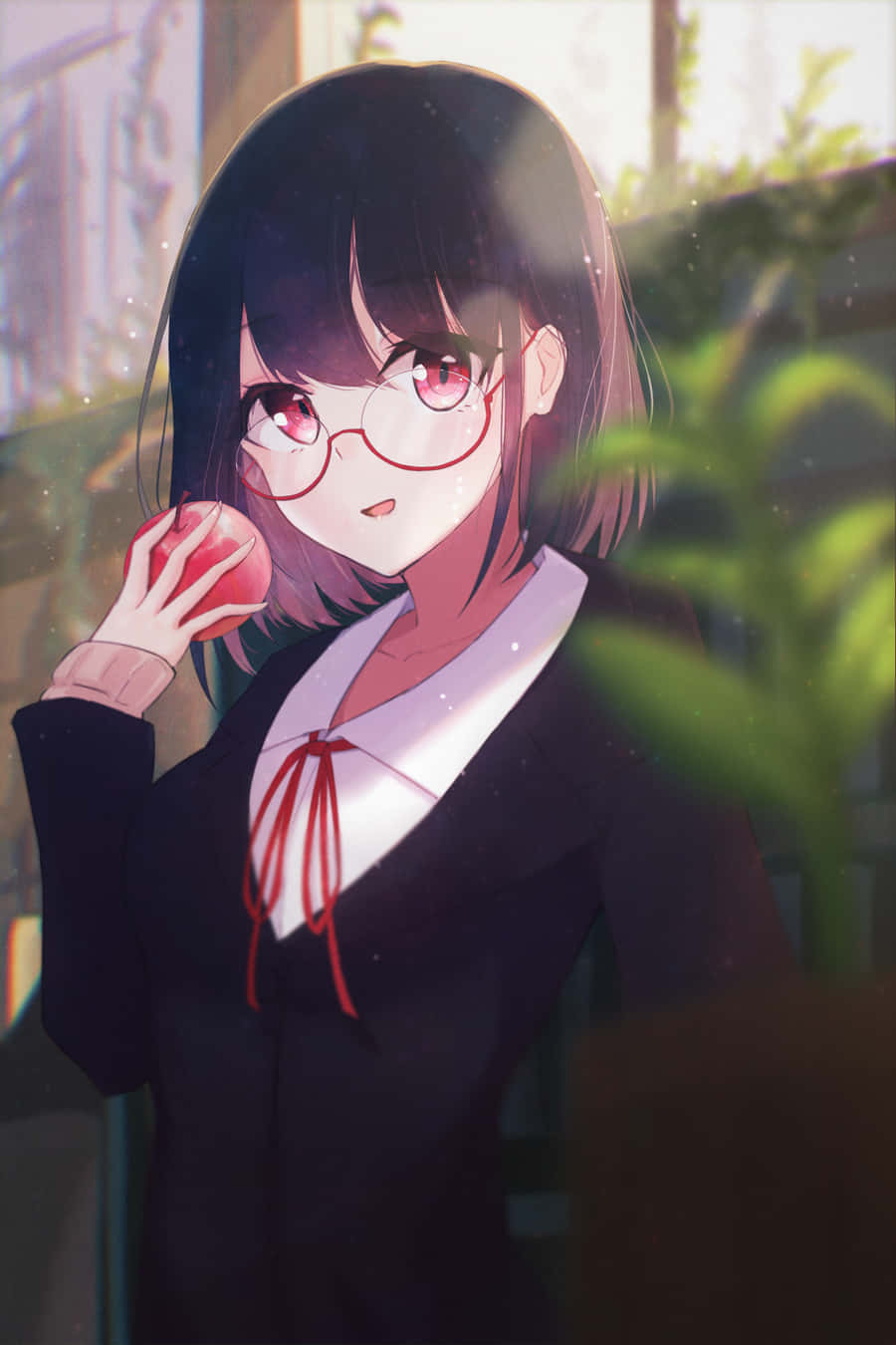 anime school girl, cute glasses, red eyes, HD Phone Wallpaper