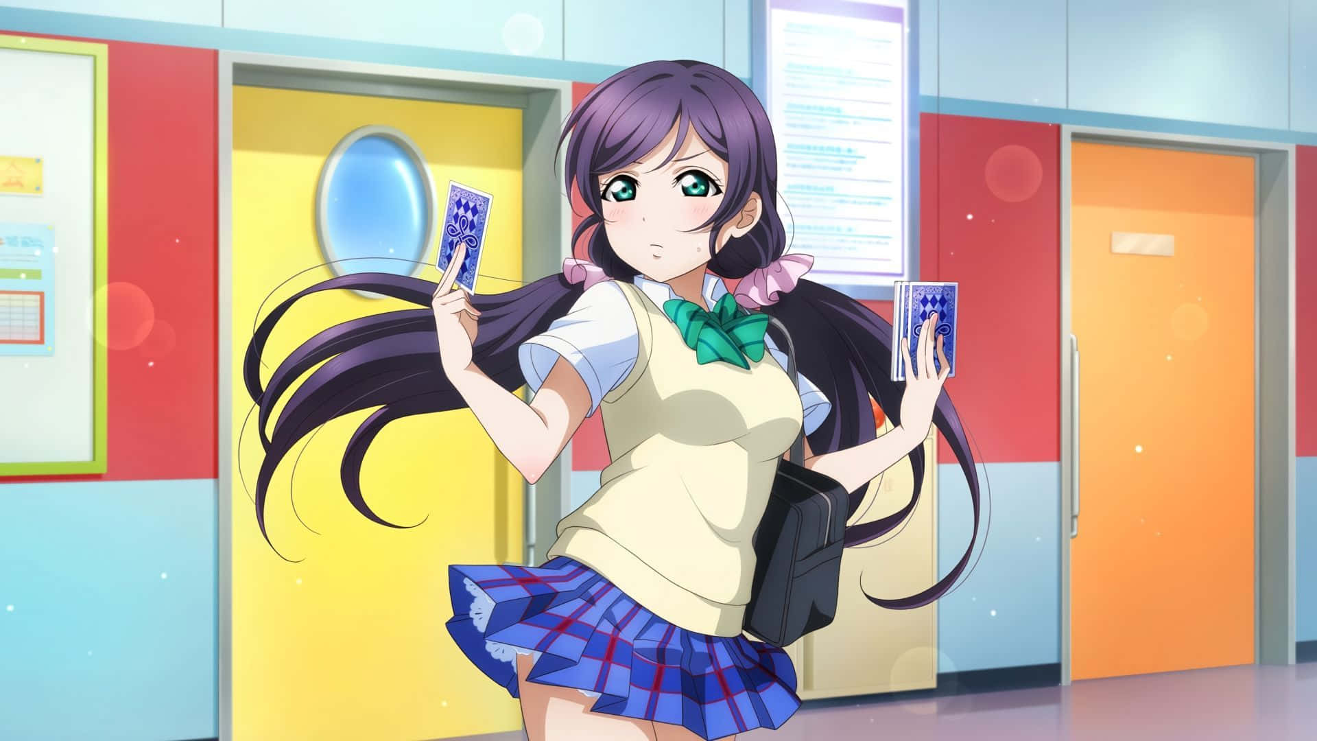 purple-haired anime girl, school uniform, blue cards, Full HD Desktop Wallpaper