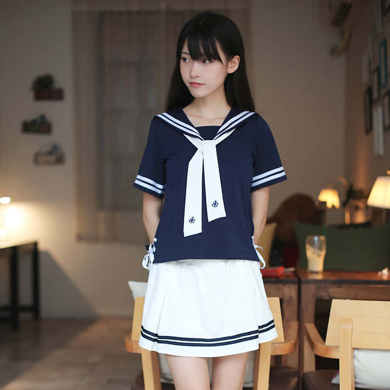 navy sailor uniform, white trim, warmly lit room, SD Desktop Wallpaper