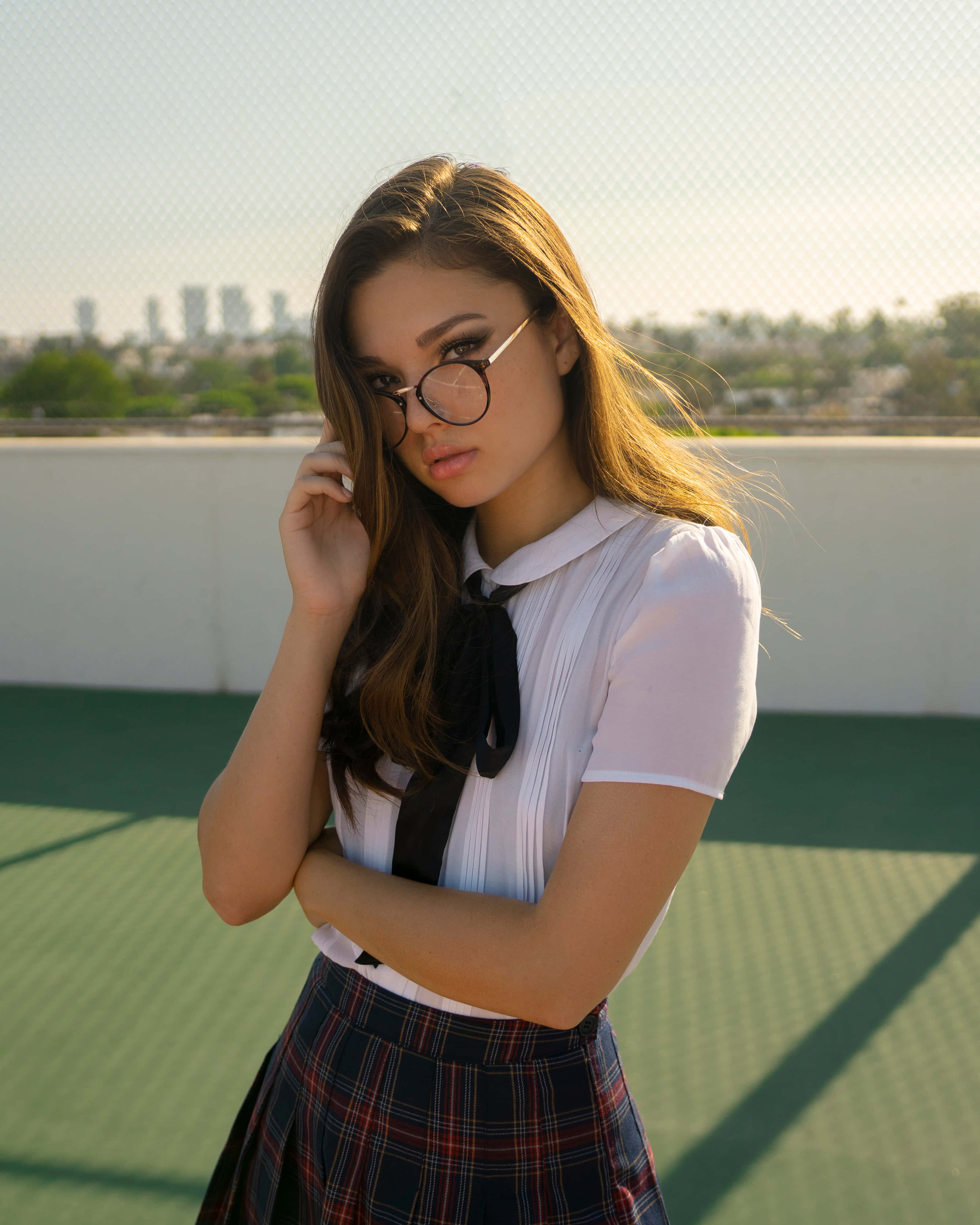 modern school girl glasses, school uniform, rooftop tennis court, 4K Phone Wallpaper