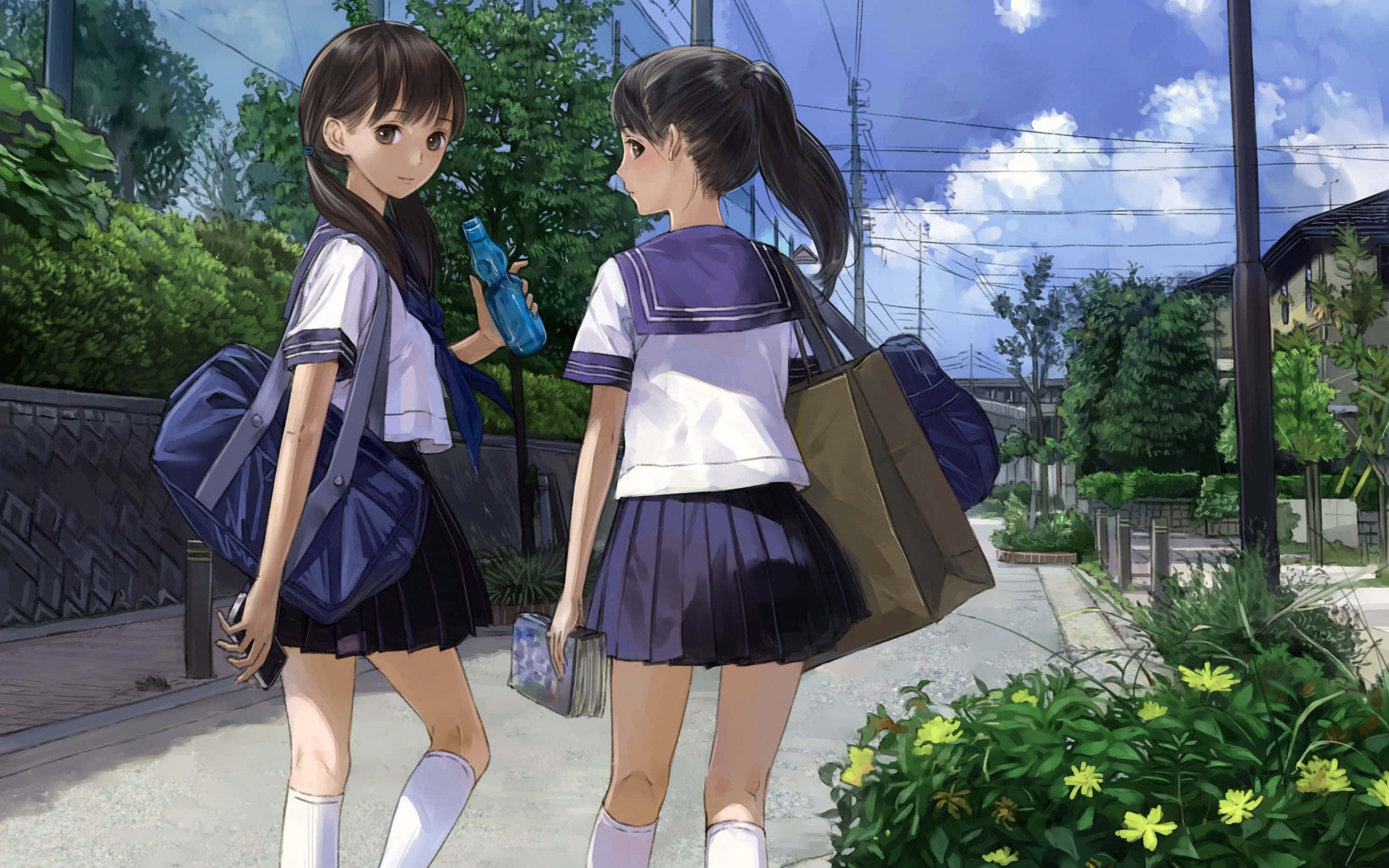 anime school girls, school uniform, sunny suburban street, 2K Desktop Wallpaper