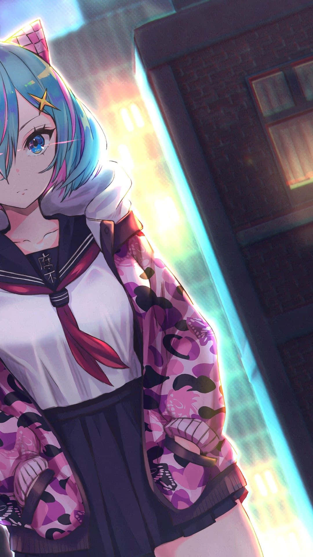 blue-haired anime girl, sailor uniform, patterned jacket, Full HD Phone Wallpaper
