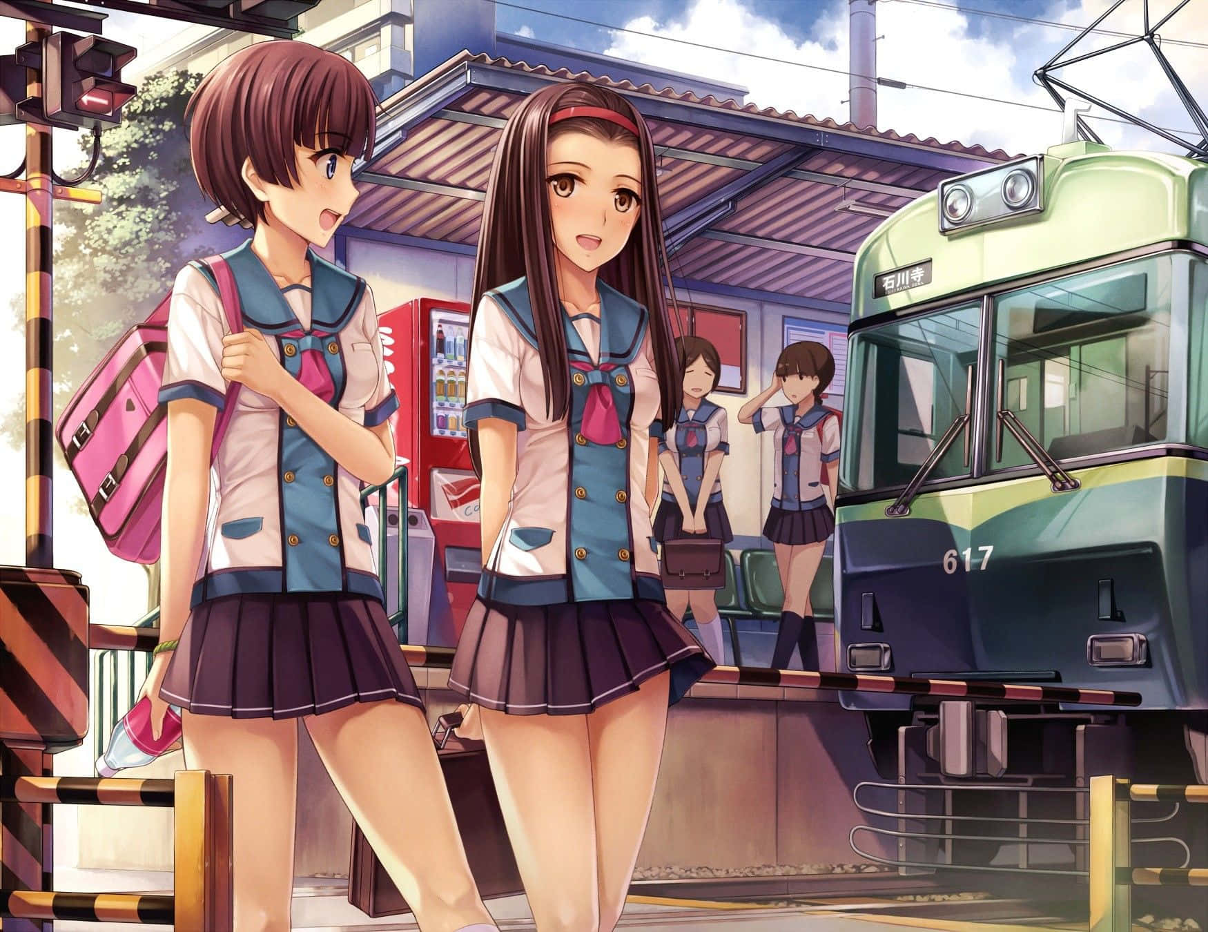 anime school girl uniform skirt, train station platform, green train, HD Desktop Wallpaper