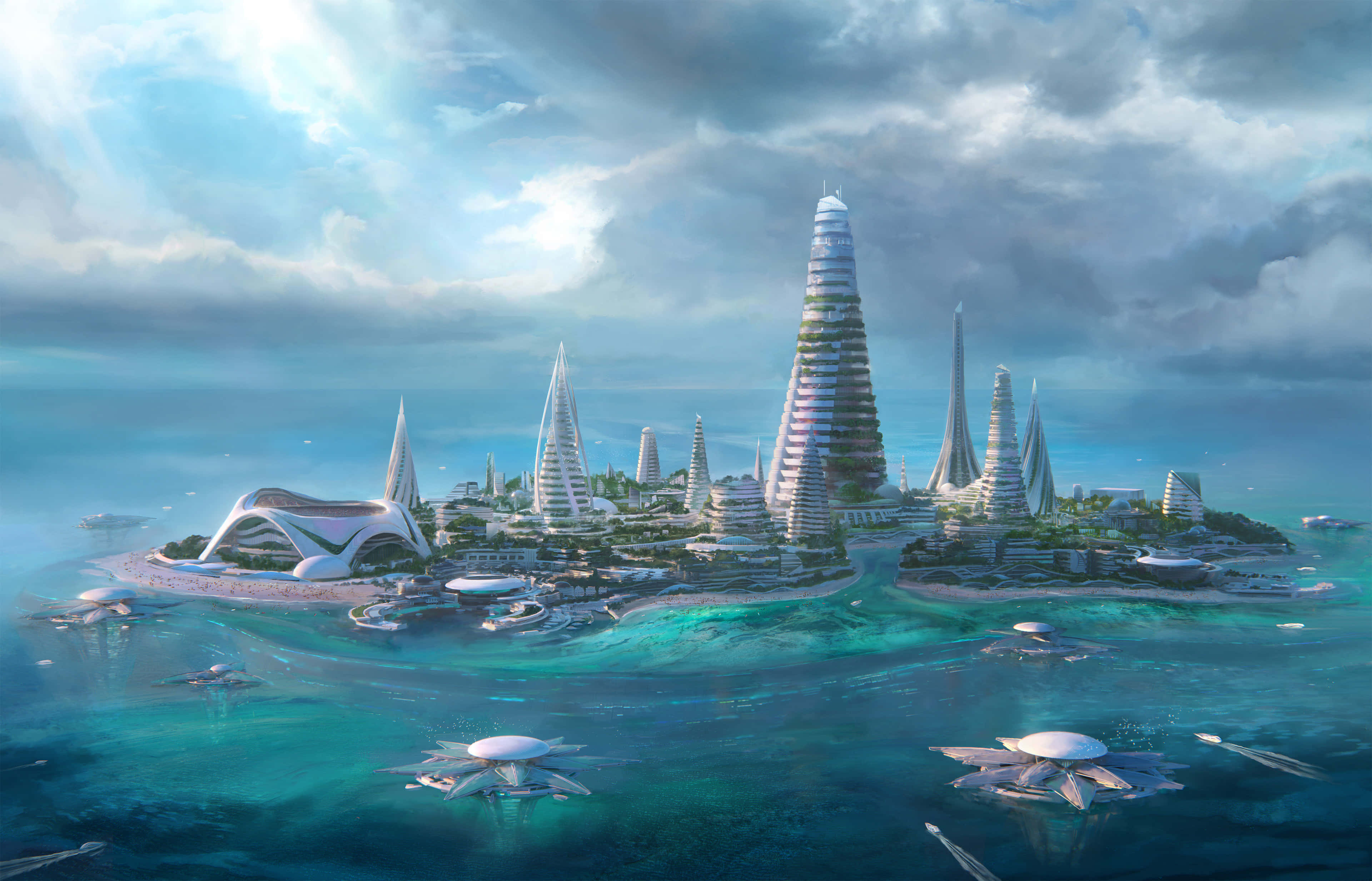 Sci Fi Beach, futuristic coastal city, sleek white skyscrapers, 4K Desktop Wallpaper