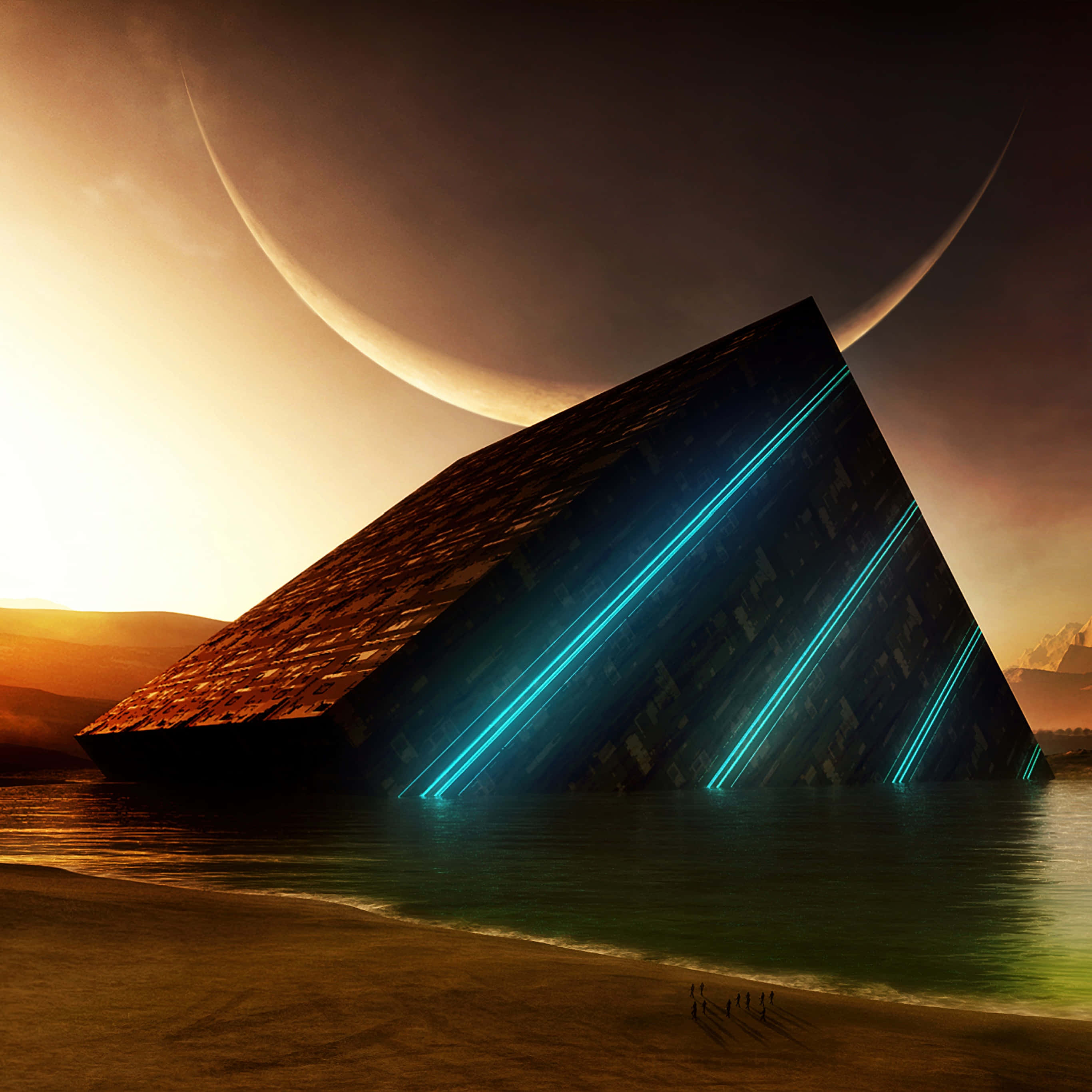 futuristic pyramid, massive crescent moon, glowing blue lines, 2K Desktop Wallpaper