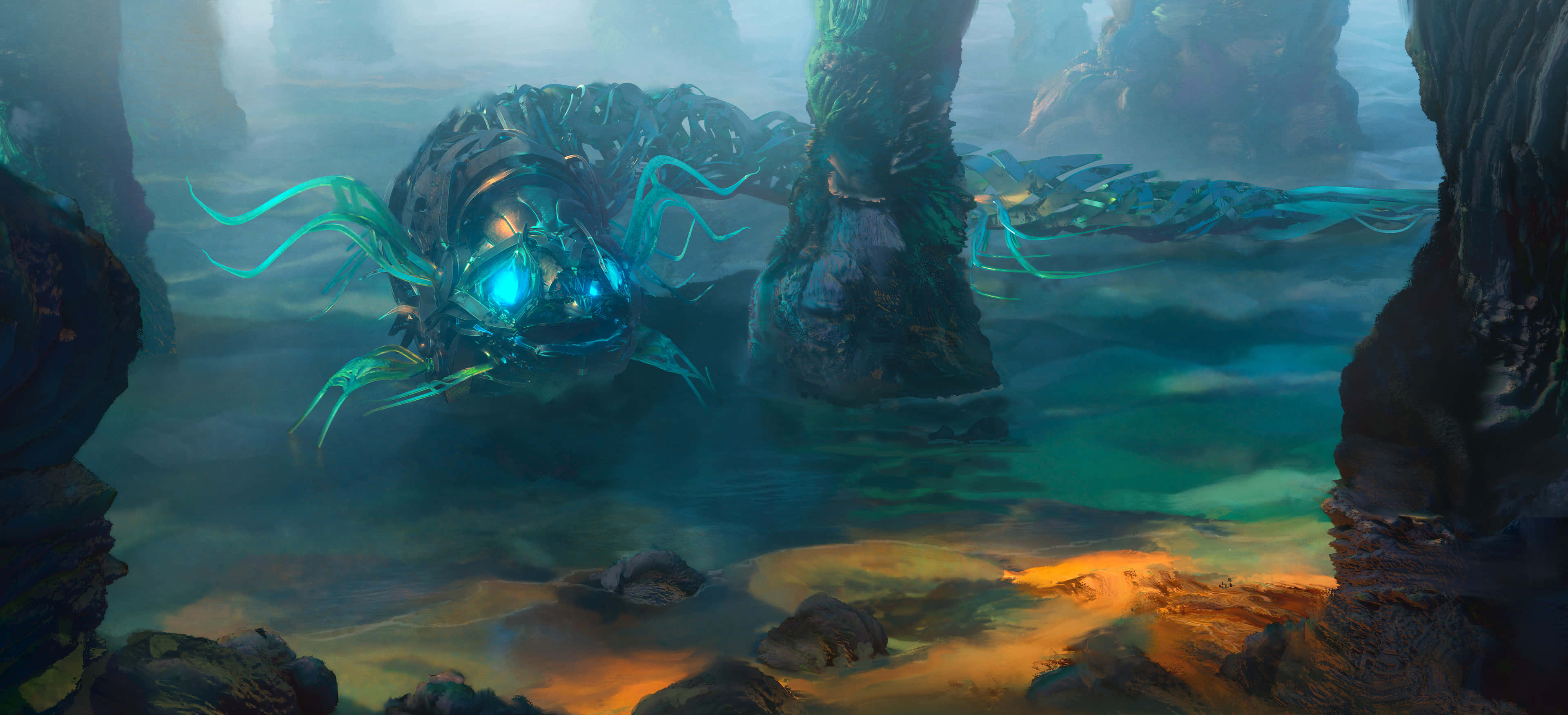 Sci Fi Beach, glowing blue mechanical creature, teal tendrils, 4K Desktop Wallpaper