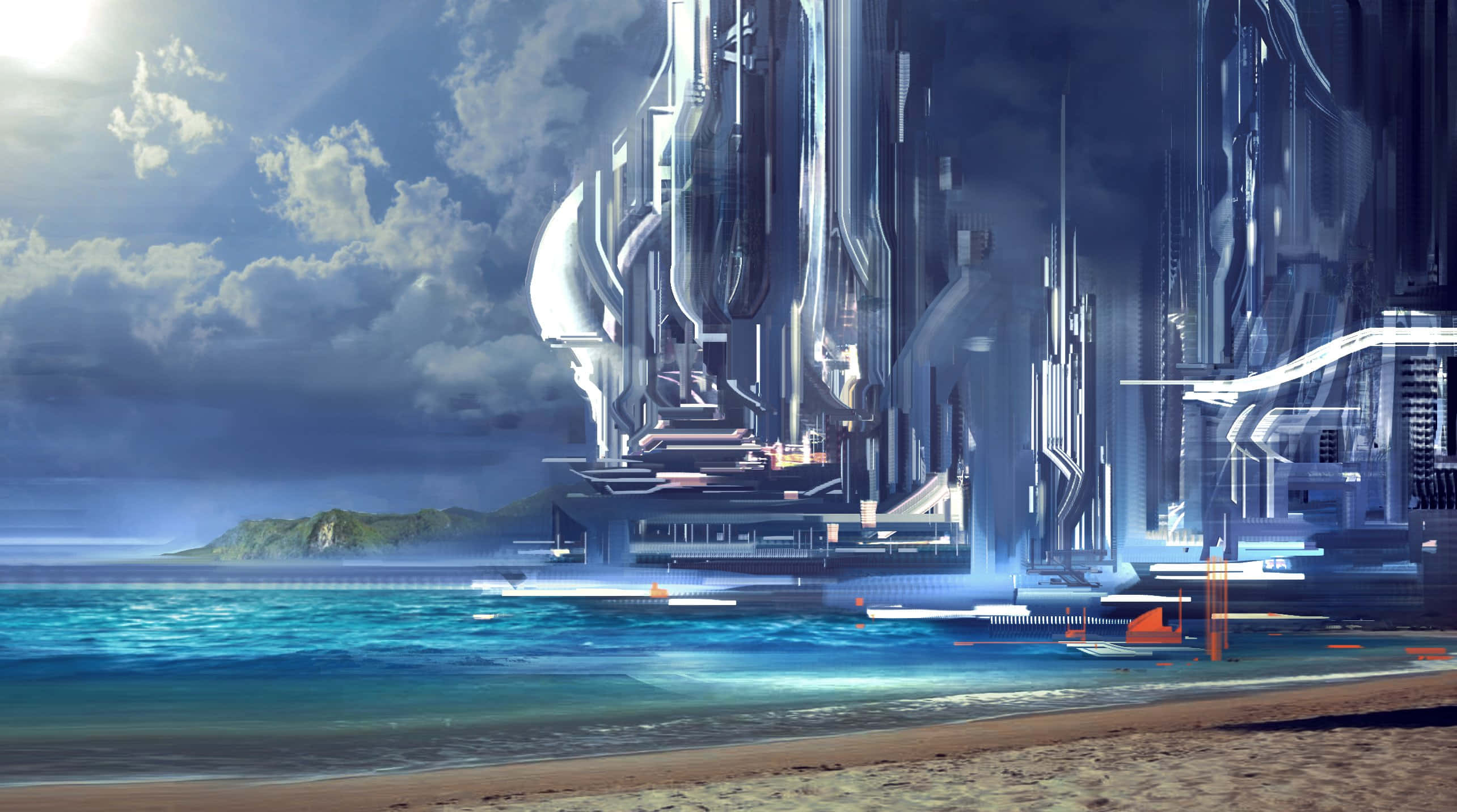futuristic city, glowing silver skyscrapers, beach, 2K Desktop Wallpaper
