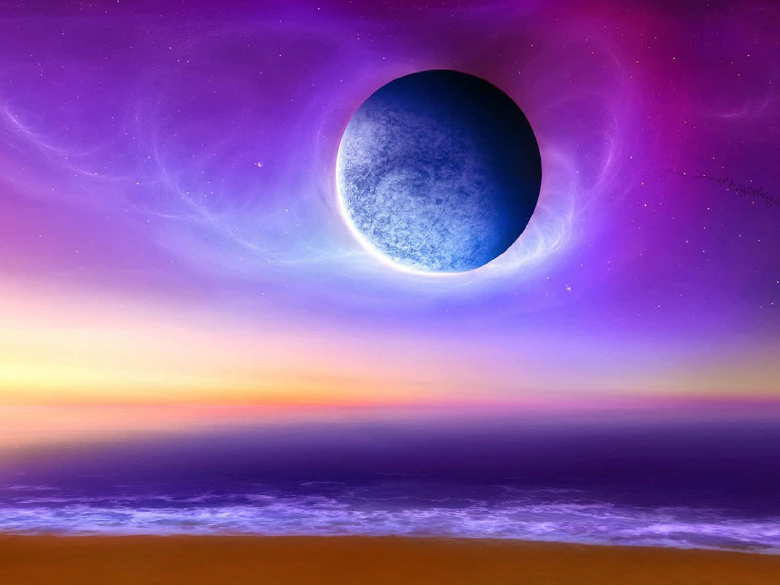 glowing blue planet, purple sunset ocean horizon, surreal cosmic scene, HD Desktop Wallpaper