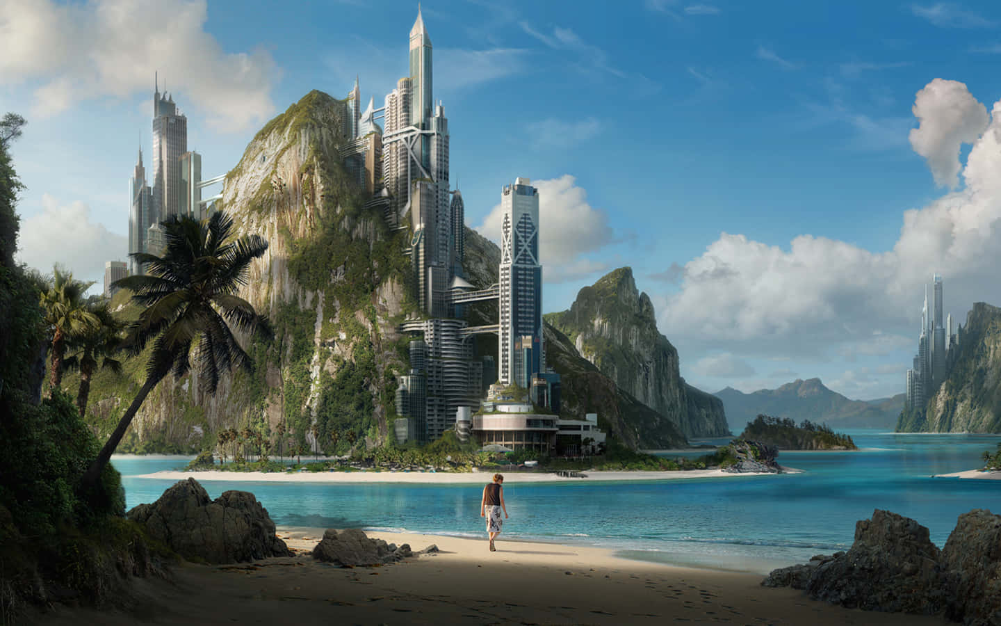 Sci Fi Beach, futuristic cityscape, towering green mountains, HD Desktop Wallpaper