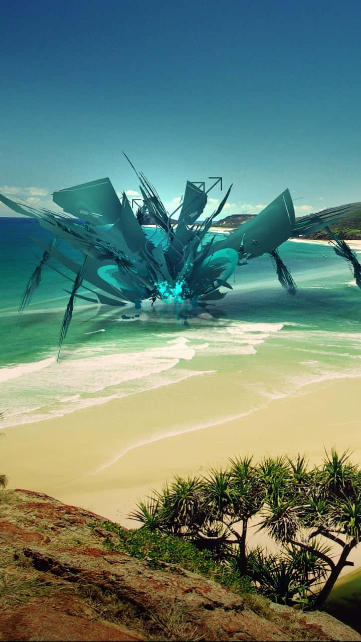 futuristic teal spaceship, tropical beach, turquoise waters, HD Phone Wallpaper