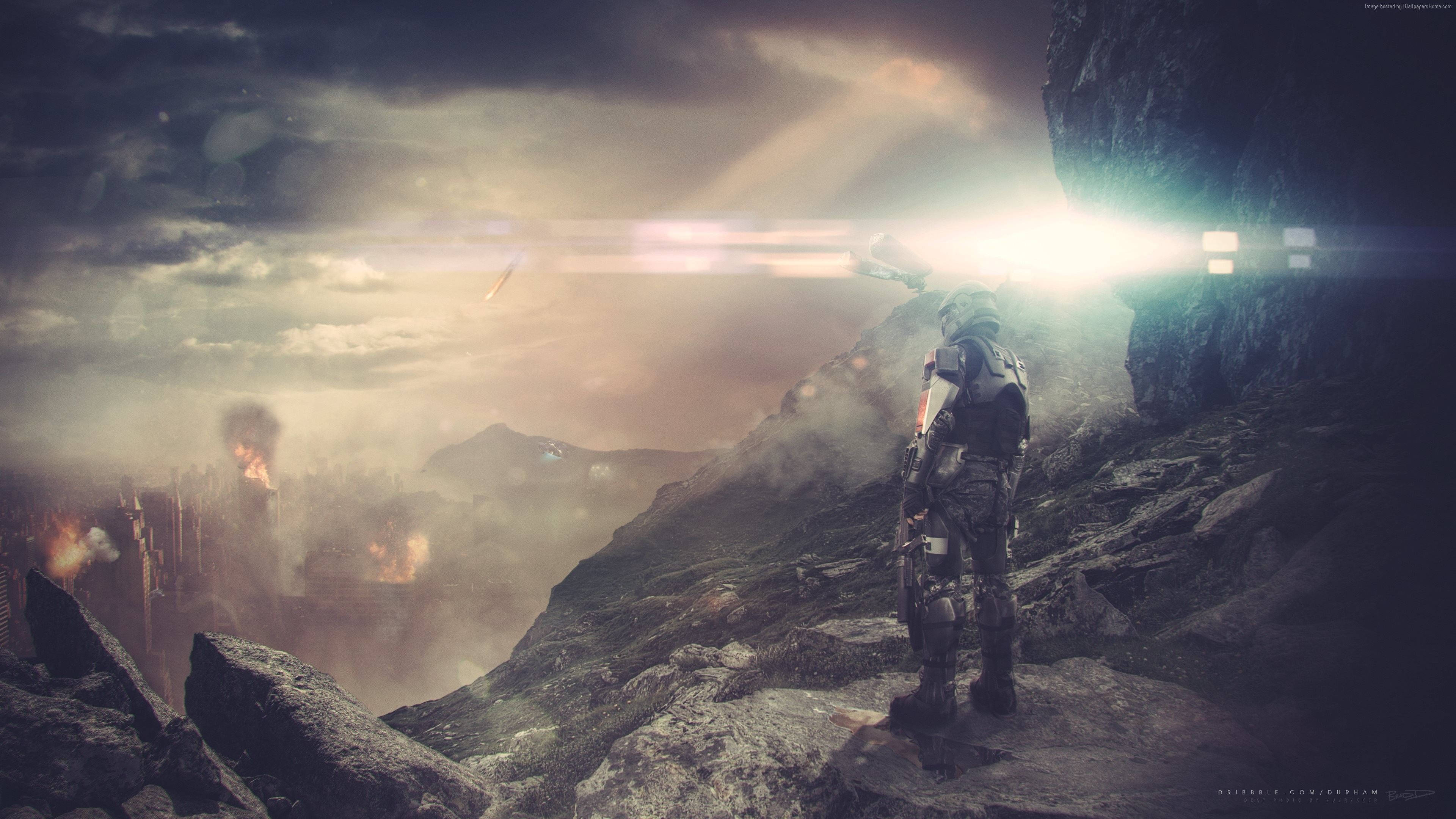 futuristic armor, rocky cliff, burning cityscape, 4K Desktop Wallpaper