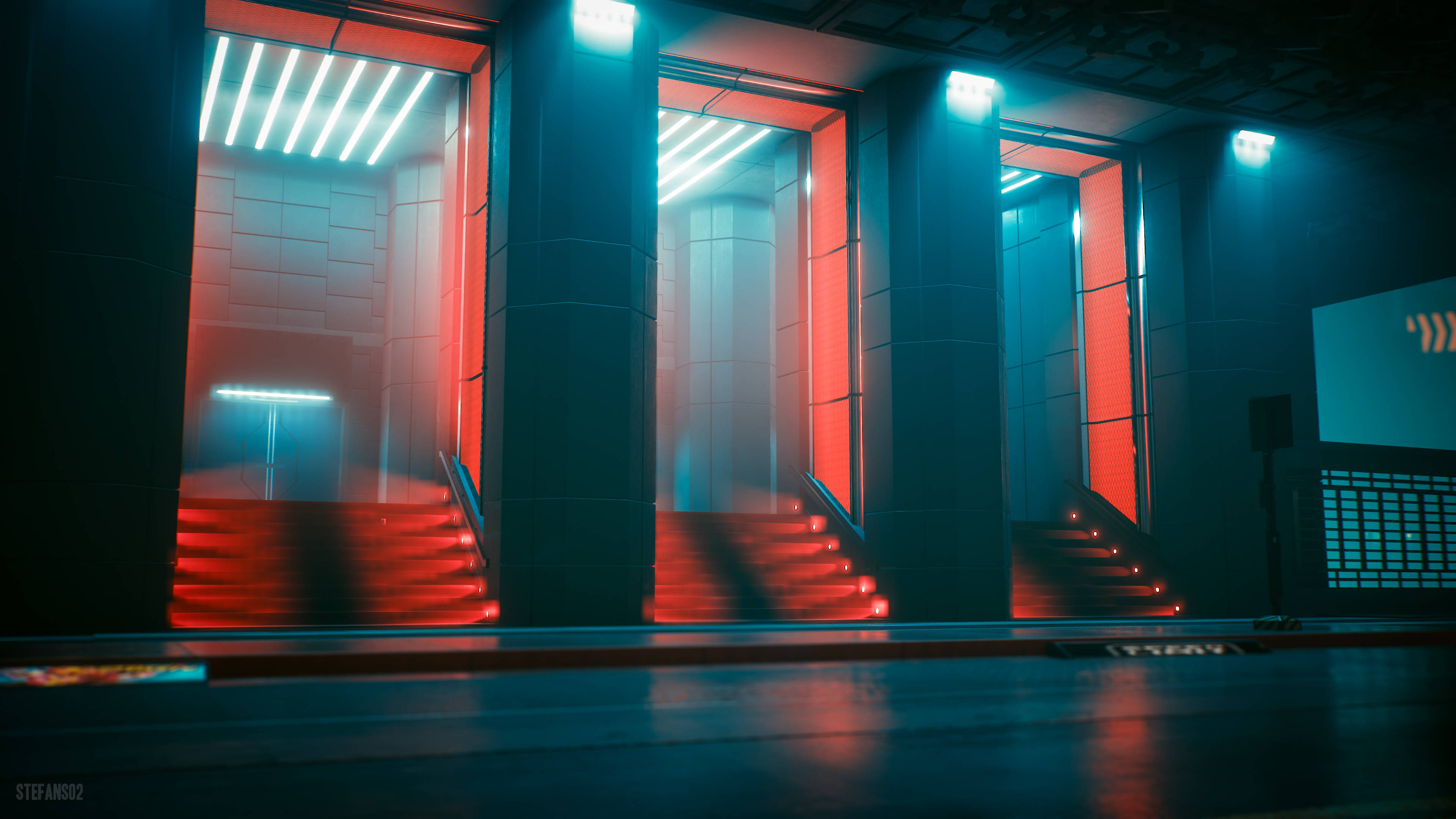 Cyberpunk Desktop, neon-lit futuristic staircases, red and blue glow, 4K Desktop Wallpaper