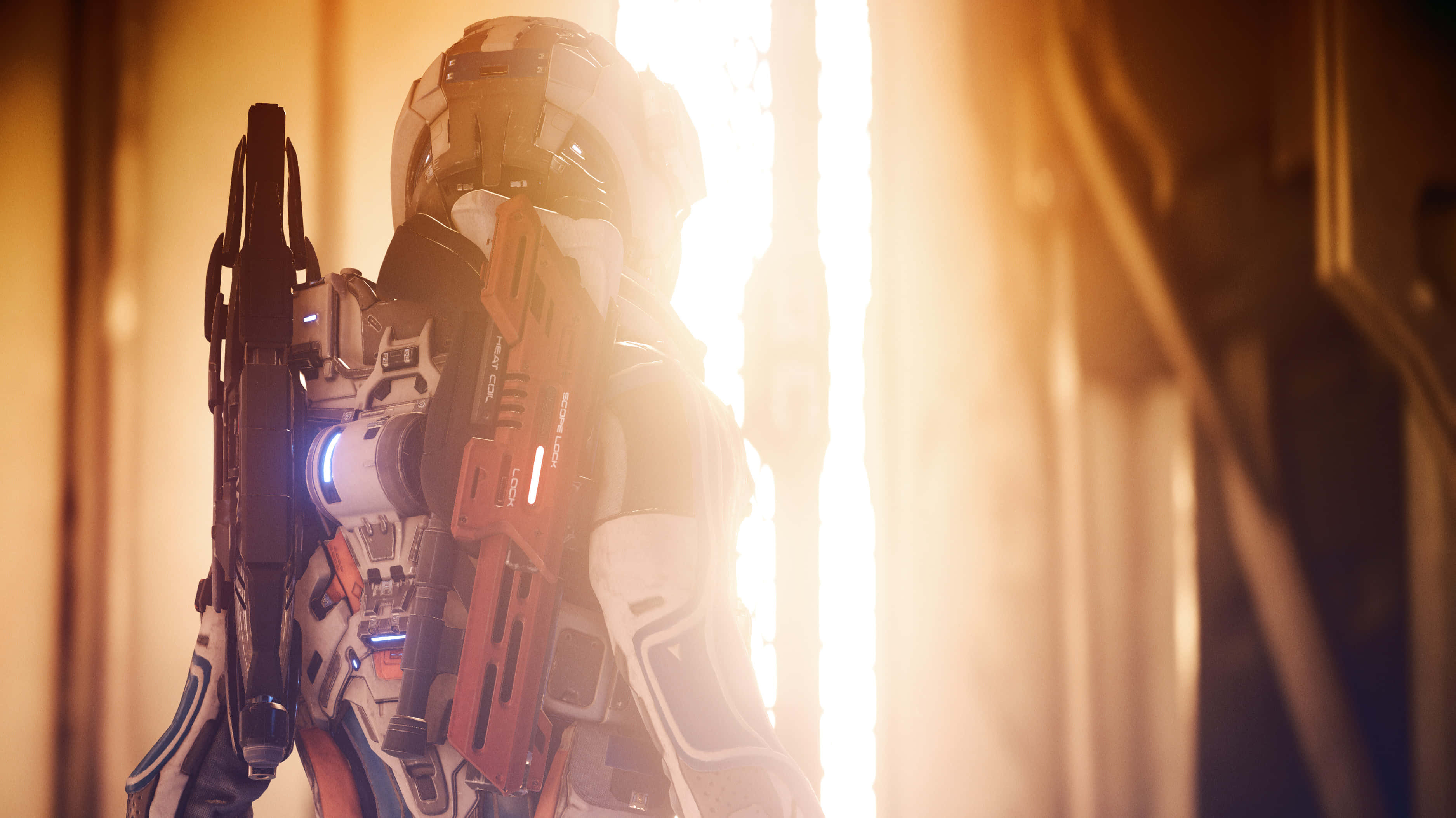 futuristic soldier, detailed armor, bright glowing doorway, 2K Desktop Wallpaper