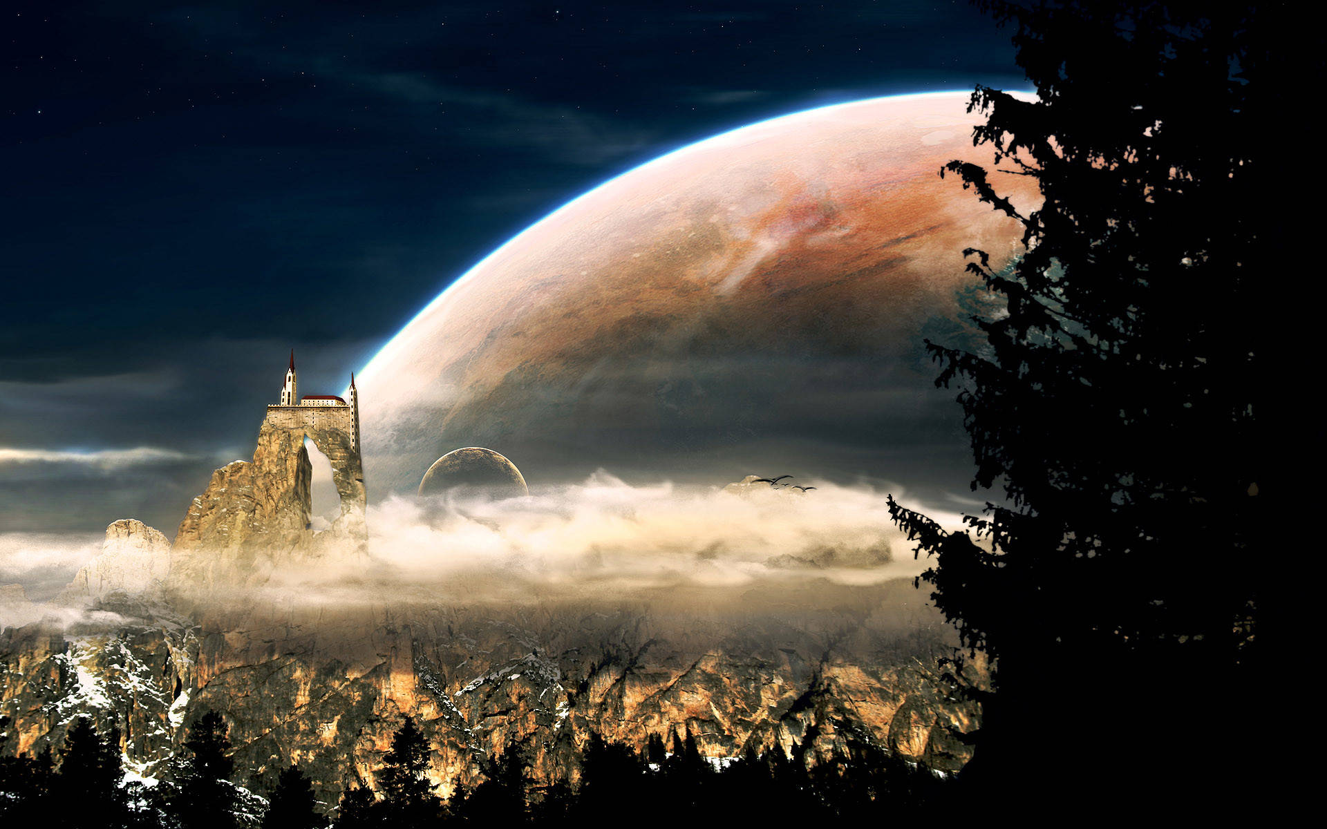 castle, misty mountain peak, colossal alien planet, Full HD Desktop Wallpaper