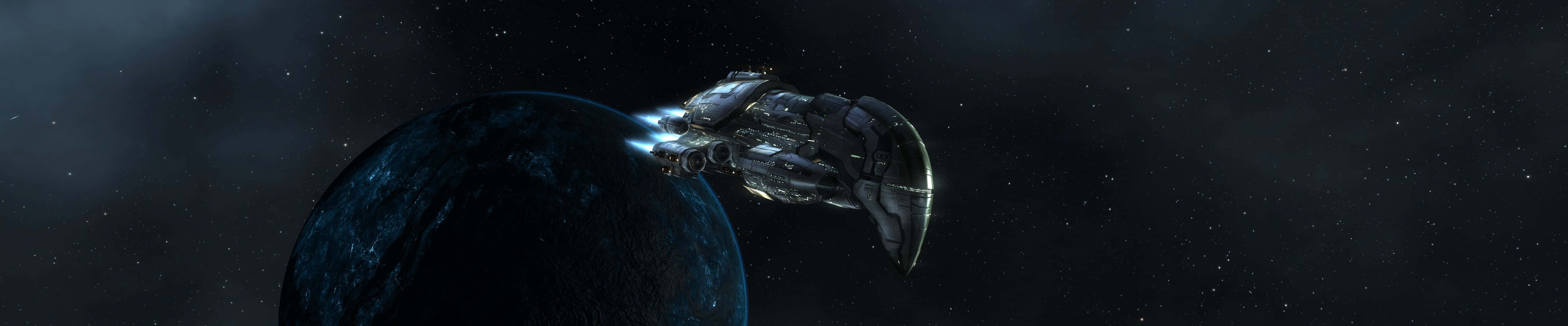 futuristic spaceship, dark blue planet, starry cosmic backdrop, 5K Desktop Wallpaper