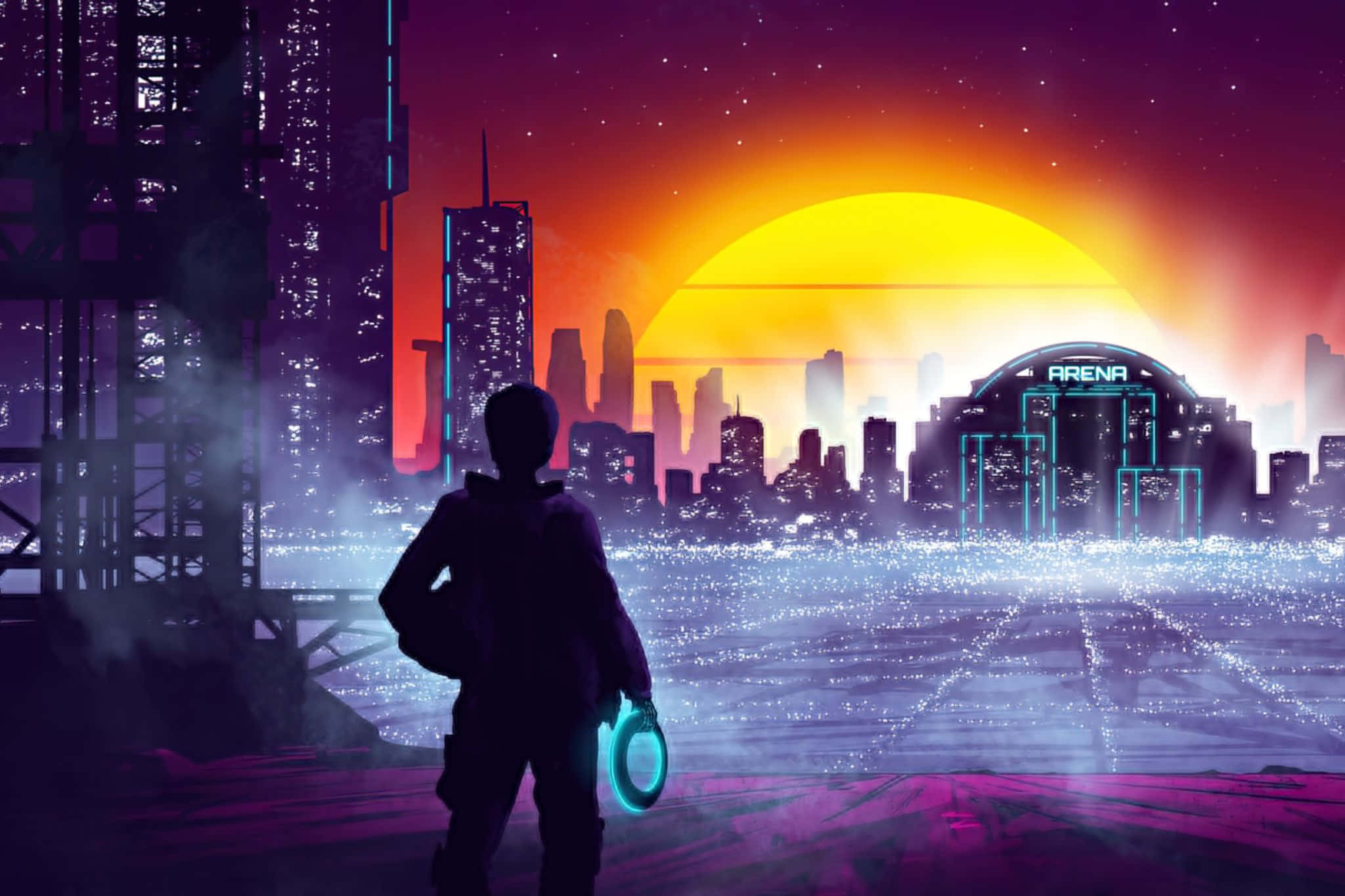 futuristic cityscape, neon-drenched cyberpunk cityscape, sunset, Full HD Desktop Wallpaper