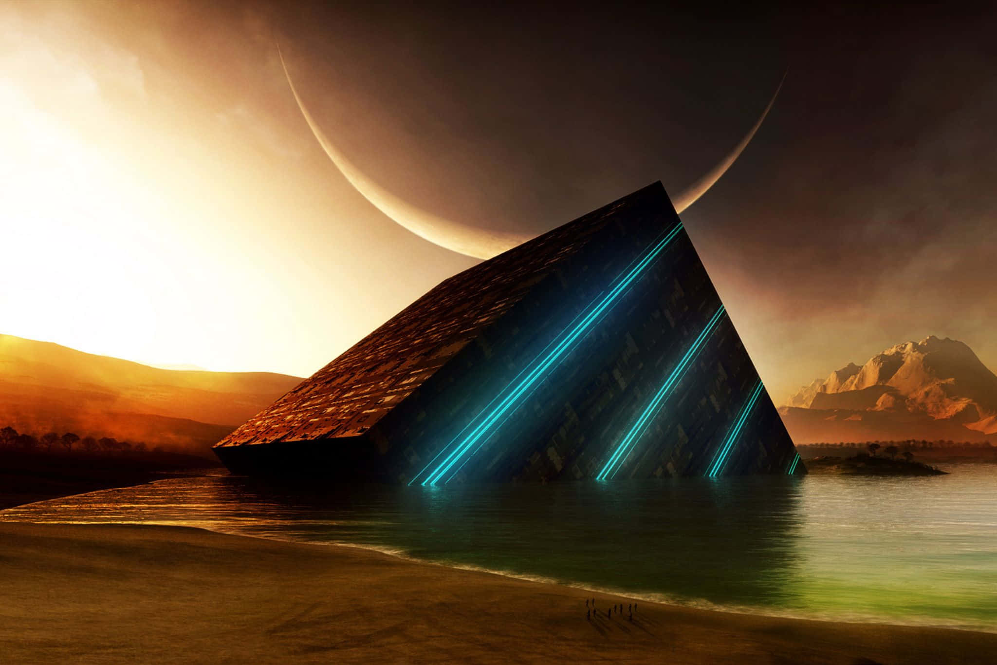 alien pyramid, glowing blue lines, crescent moon, Full HD Desktop Wallpaper