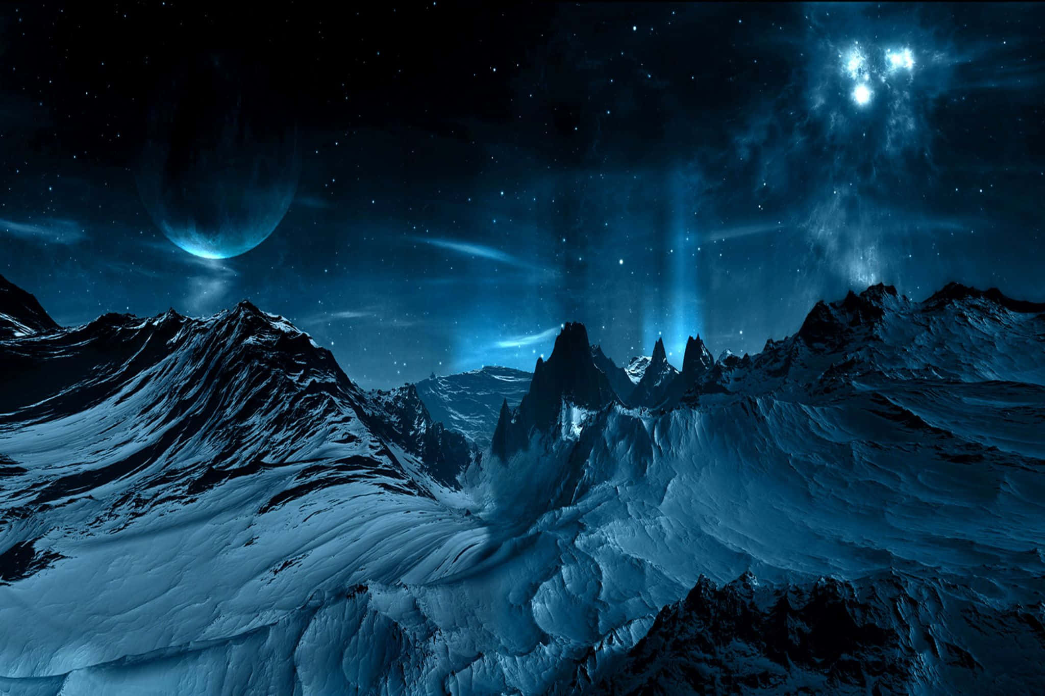 extraterrestrial mountainous landscape, snowcapped alien mountains, starry blue sky, Full HD Desktop Wallpaper