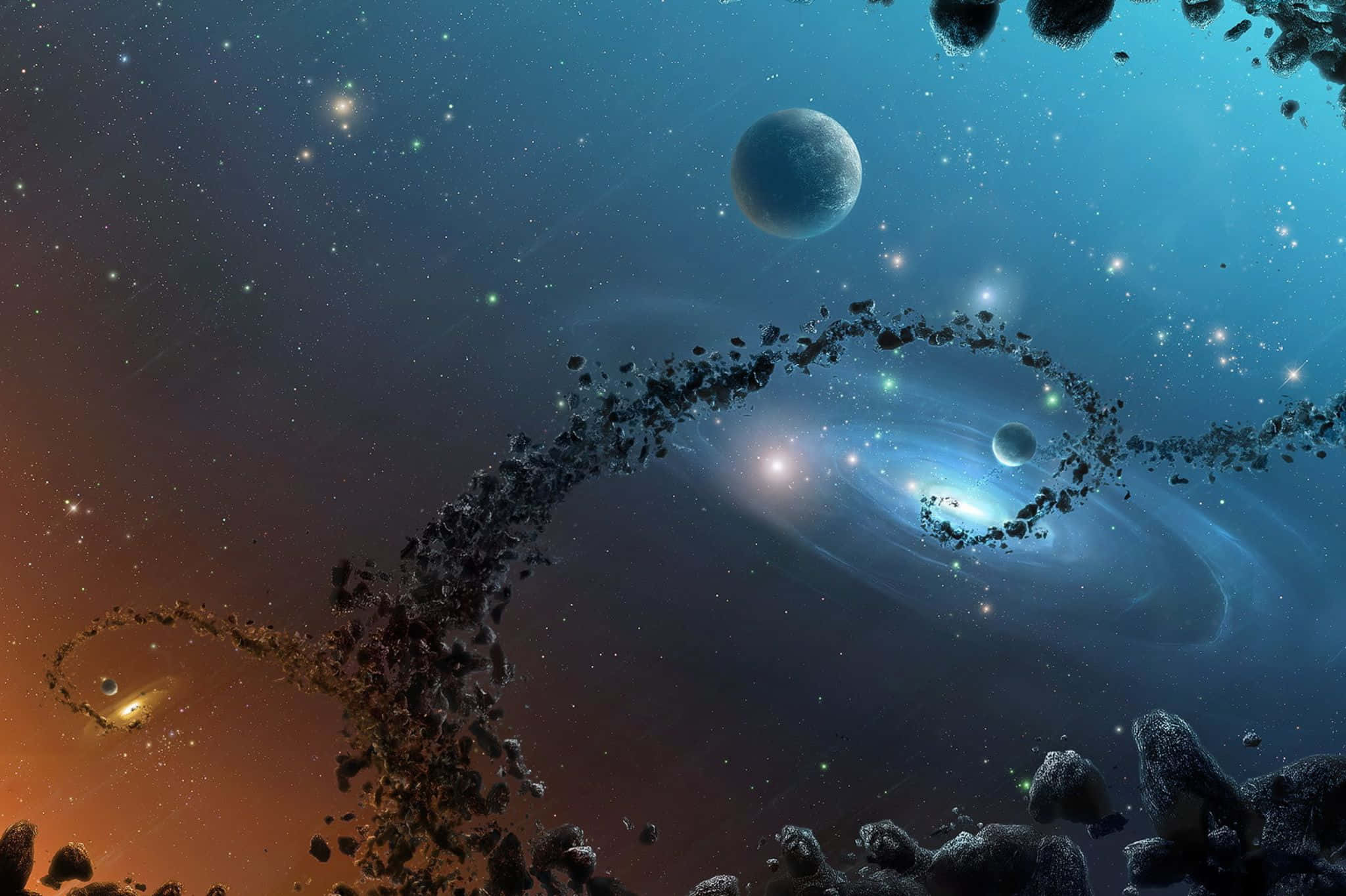 cosmic spiral asteroid belt, swirling galaxy, floating asteroids, Full HD Desktop Wallpaper