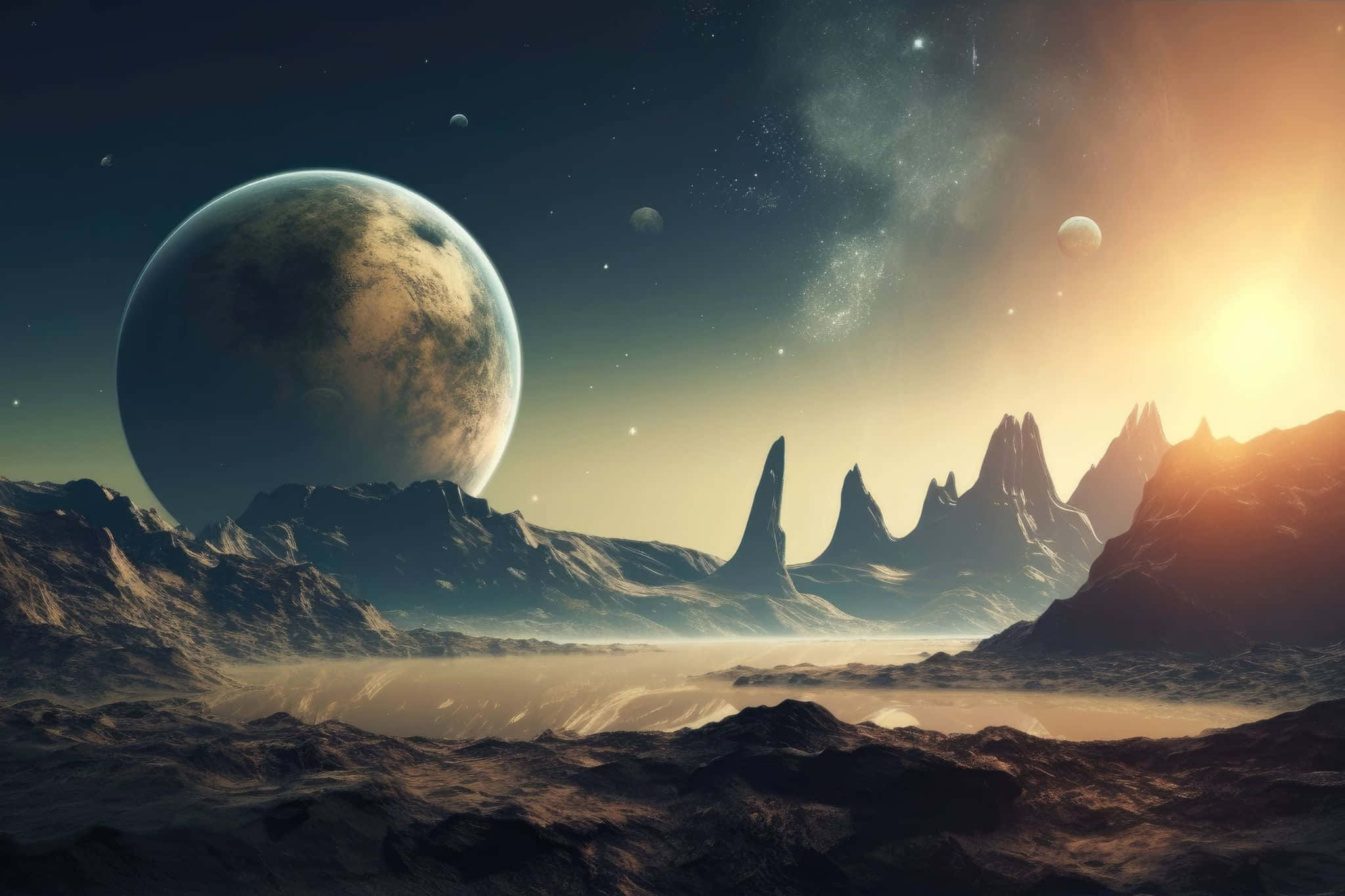 Extraterrestrial Landscape, sunset, giant planet, Full HD Desktop Wallpaper