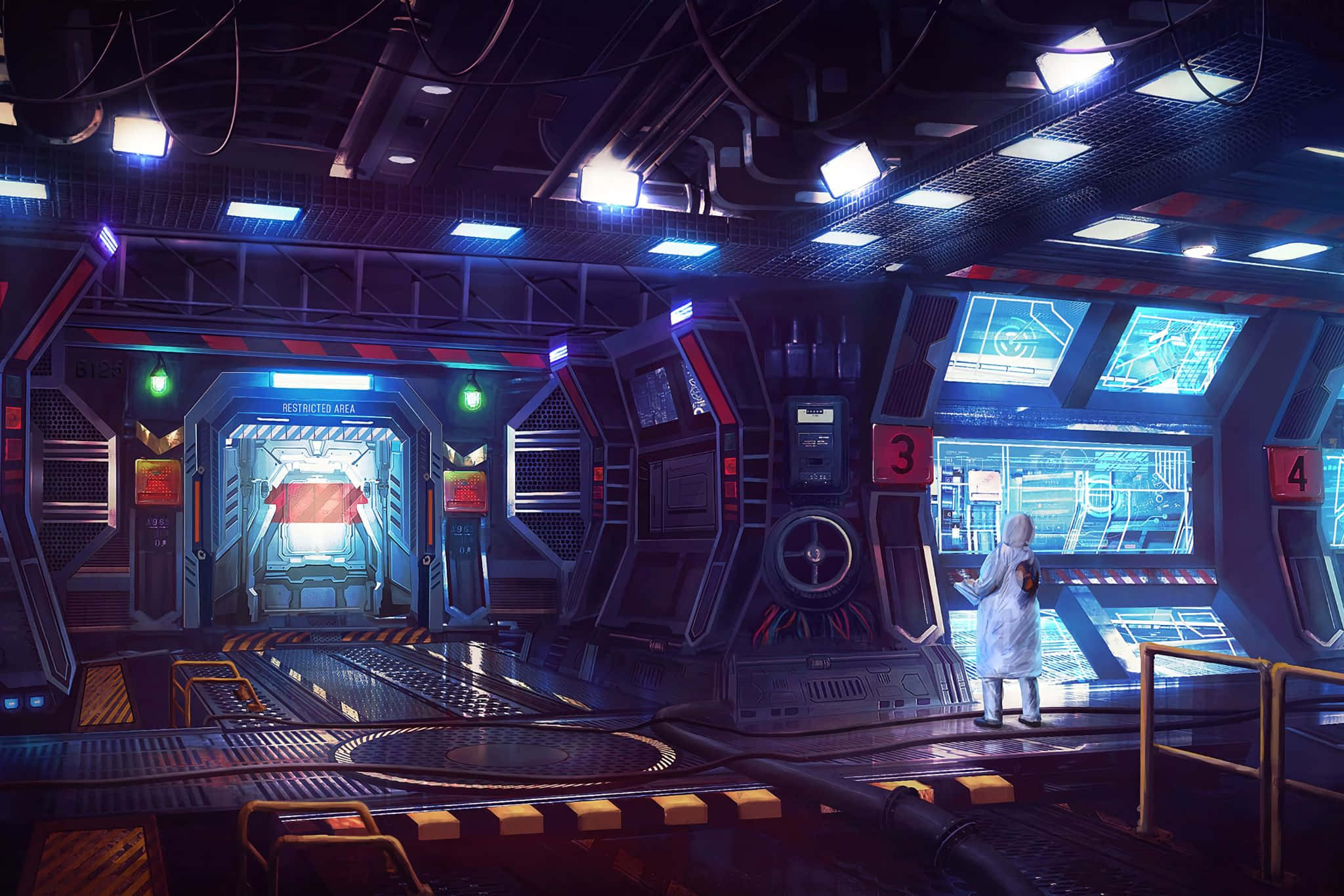 futuristic space station control room, white coat, glowing blue holographic displays, Full HD Desktop Wallpaper