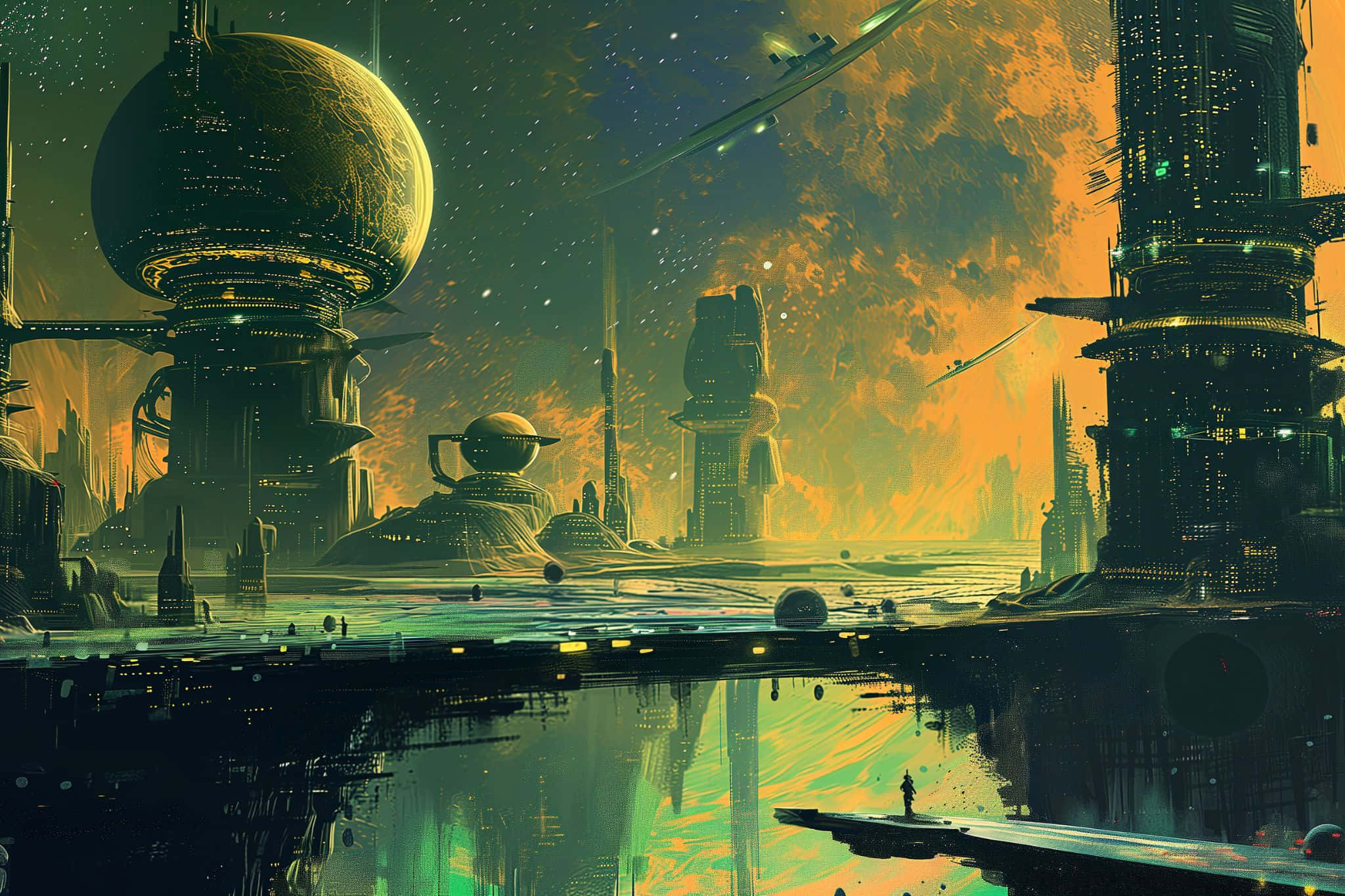 futuristic alien cityscape, towering structures, glowing planet, Full HD Desktop Wallpaper