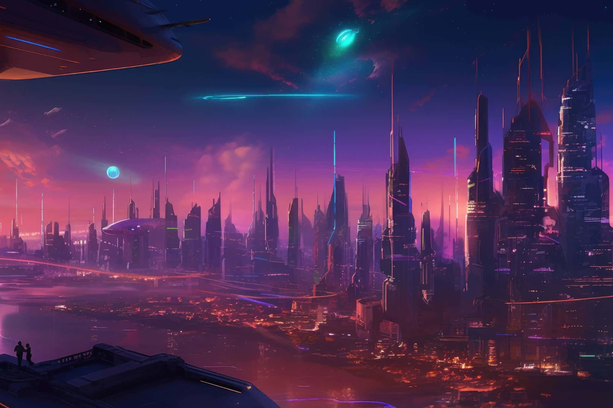 futuristic cityscape, twilight, towering spires, Full HD Desktop Wallpaper