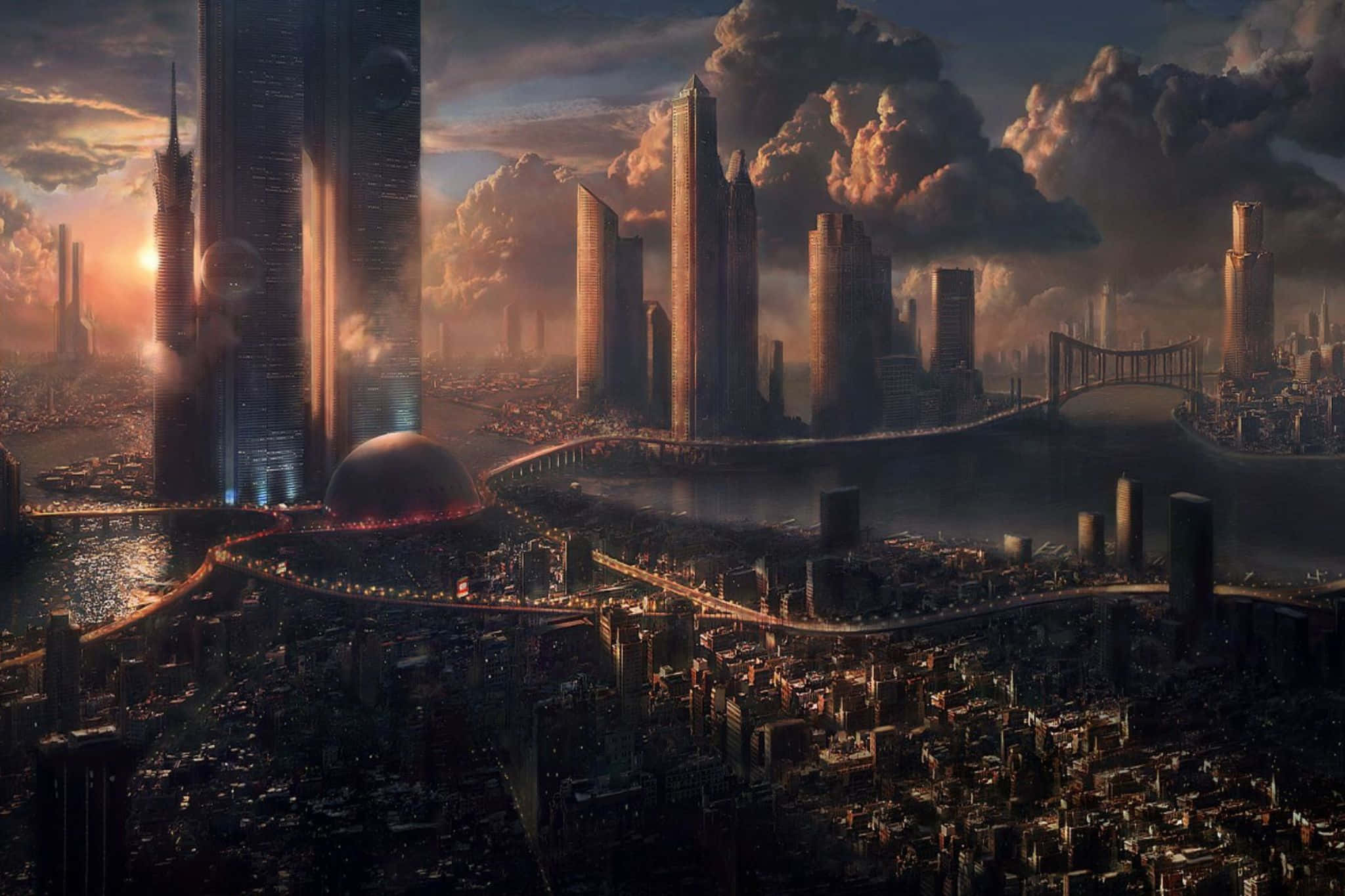 futuristic cityscape, sunset, towering skyscrapers, Full HD Desktop Wallpaper