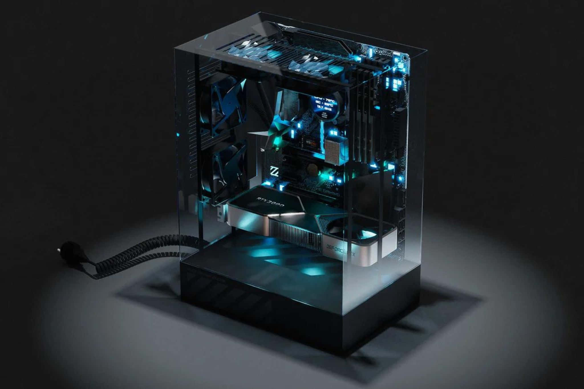 transparent glass computer case, blue LED lights, intricate internal components, Full HD Desktop Wallpaper