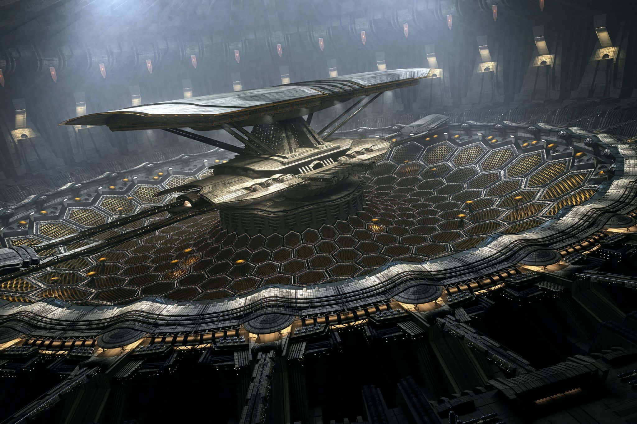 futuristic spaceship, hexagonal grid platform, cavernous industrial hangar, Full HD Desktop Wallpaper