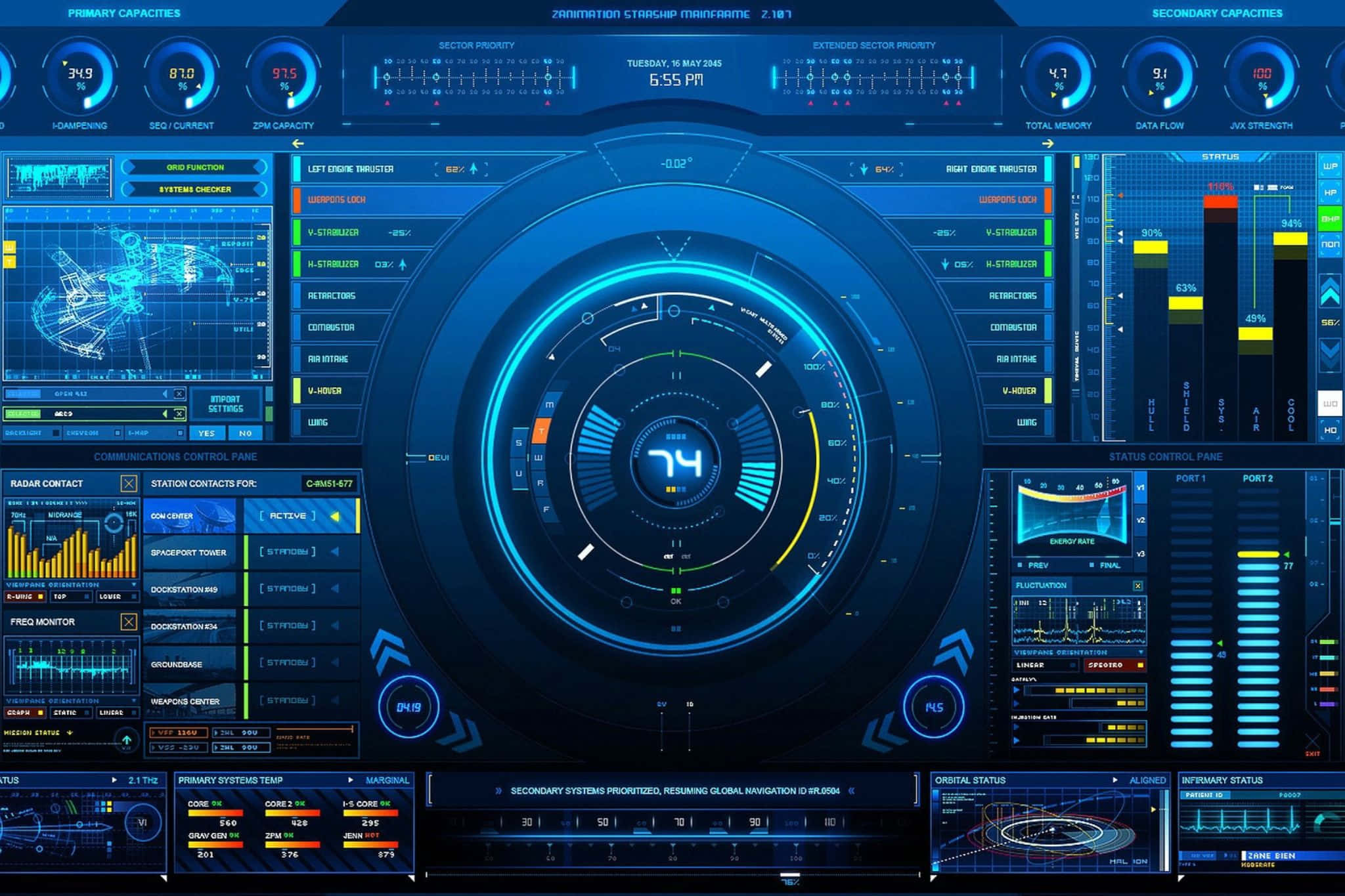futuristic command center interface, blue-hued digital dashboard, glowing circular gauges, Full HD Desktop Wallpaper