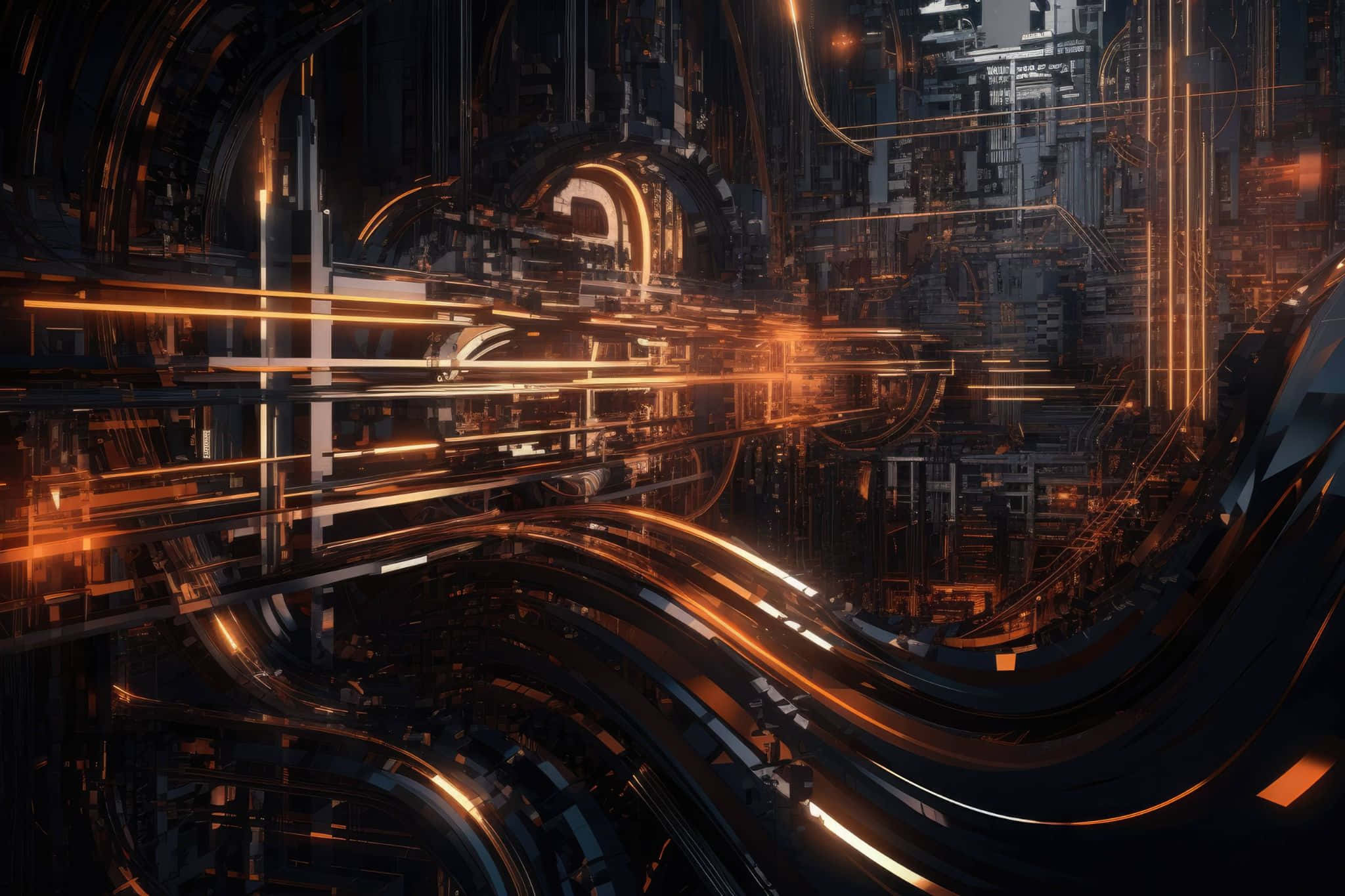 futuristic cybercity nightscapes, glowing orange circuitry, metallic structures, Full HD Desktop Wallpaper