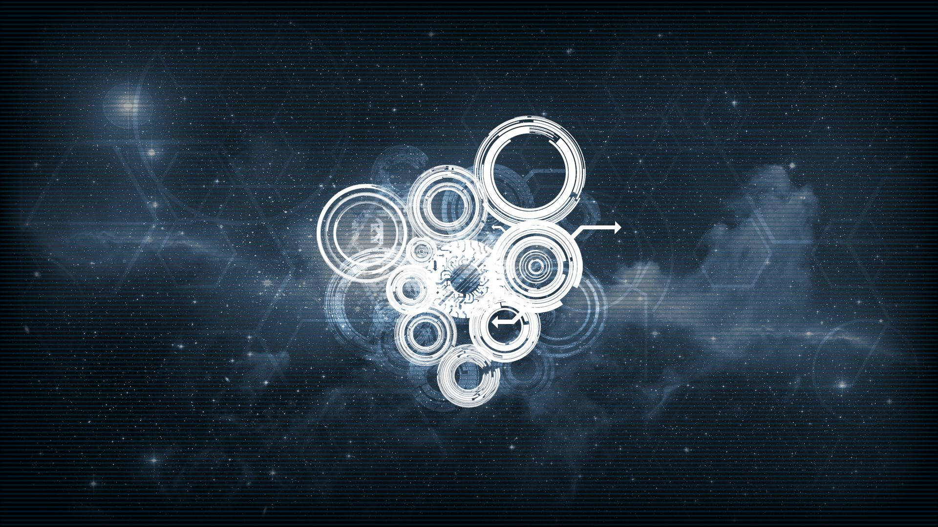glowing futuristic interface, interconnected rings, starry cosmic background, Full HD Desktop Wallpaper