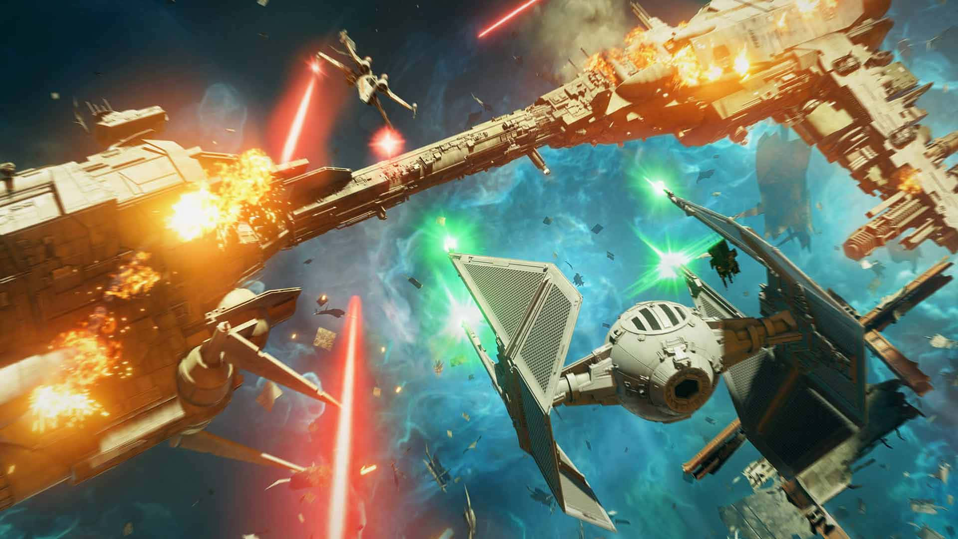 Futuristic Sci-Fi Game Battle Scene, starfighters, red and green lasers, Full HD Desktop Wallpaper