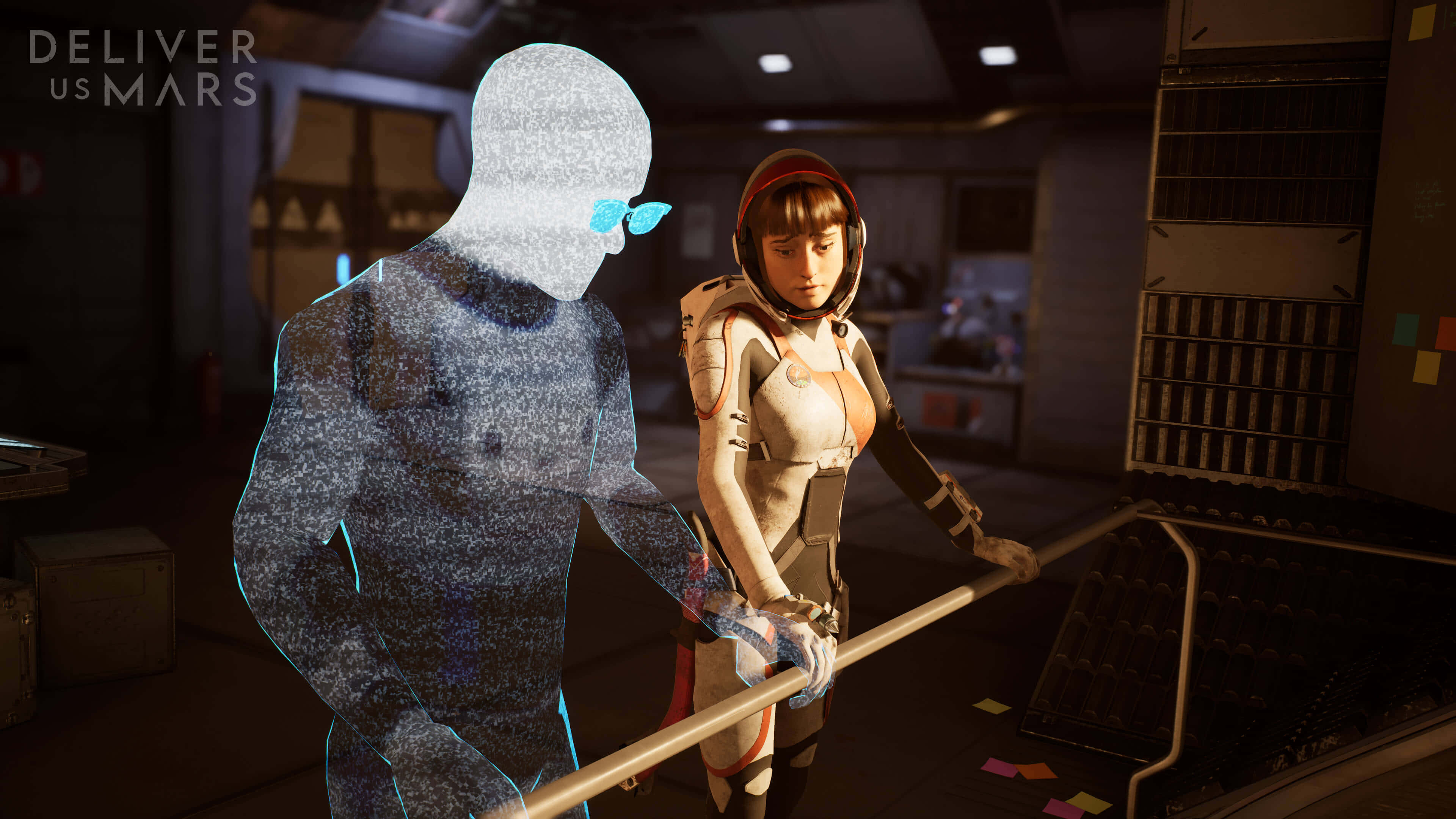 female astronaut, white suit, glowing holographic figure, 4K Desktop Wallpaper