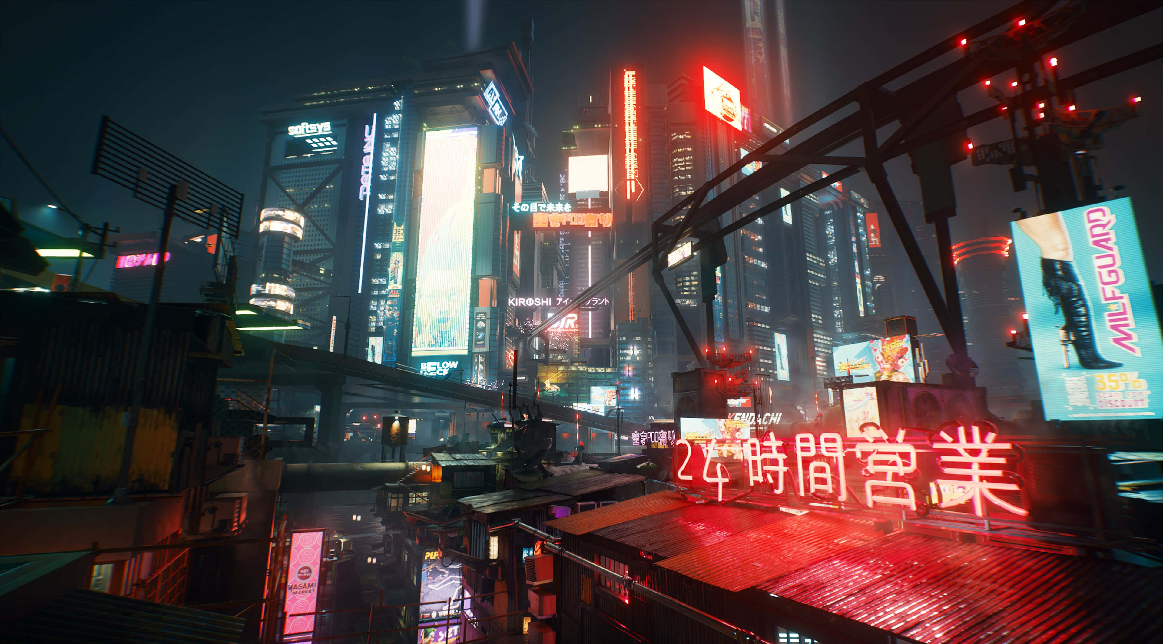 cyberpunk cityscape, neon-drenched, towering skyscrapers, 4K Desktop Wallpaper