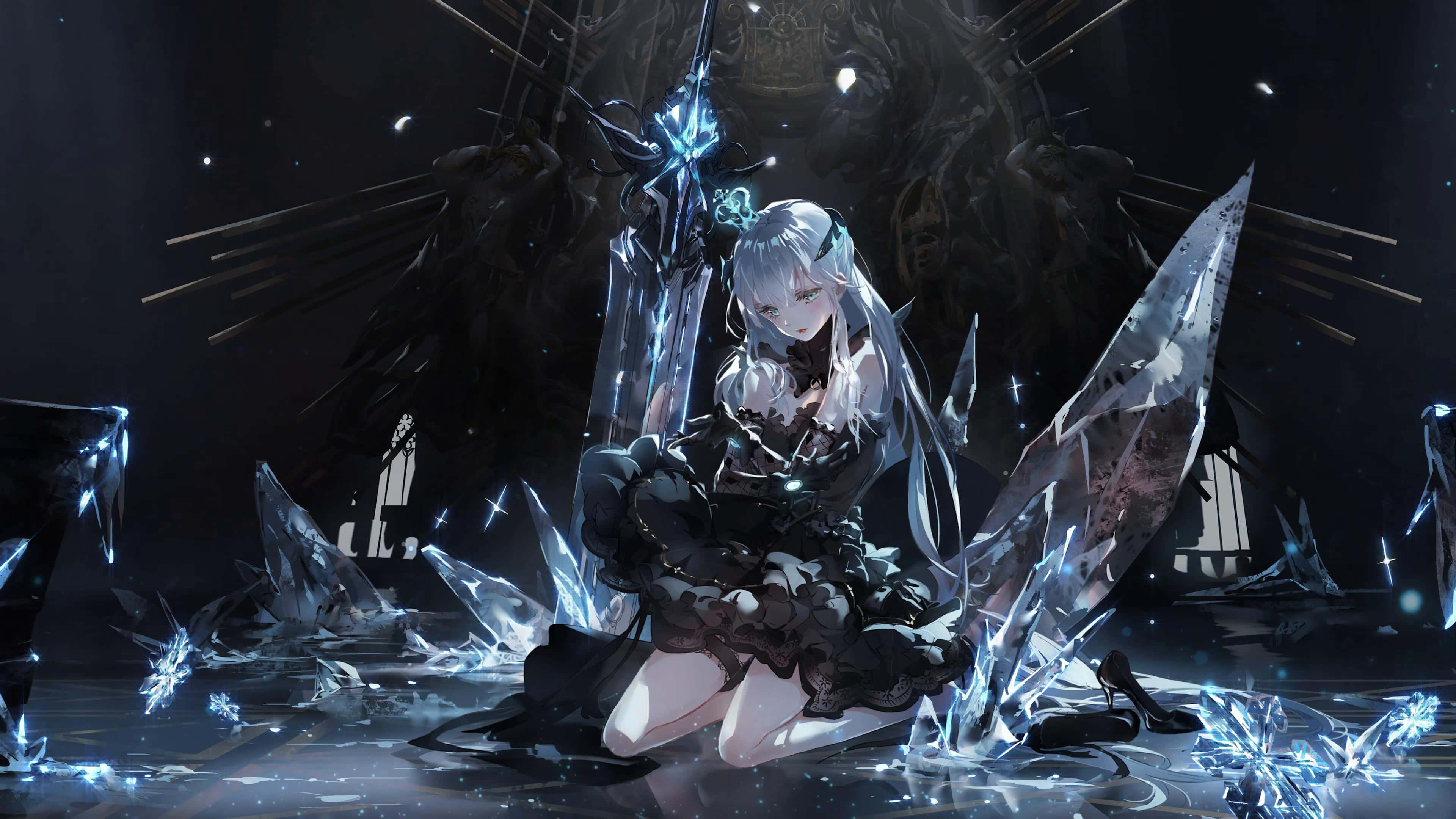 silver-haired anime girl, glowing blue crystal shards, glowing sword, 4K Desktop Wallpaper