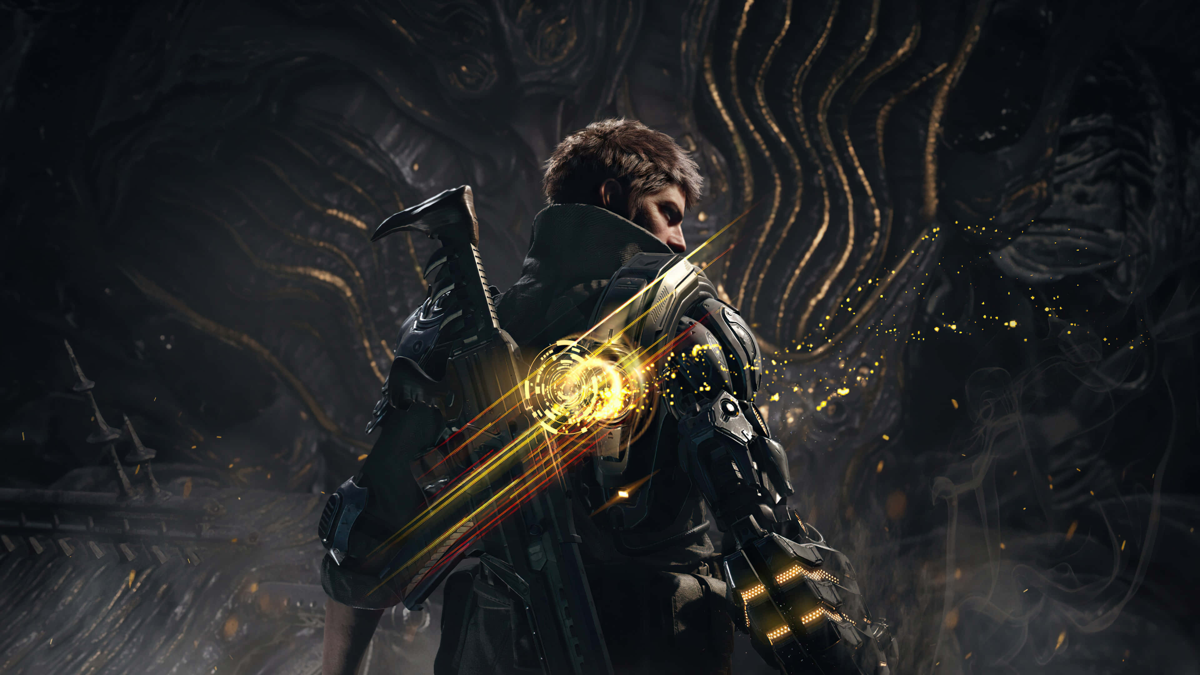 Futuristic Sci-Fi City, warrior in dark armor, golden energy beams, 4K Desktop Wallpaper