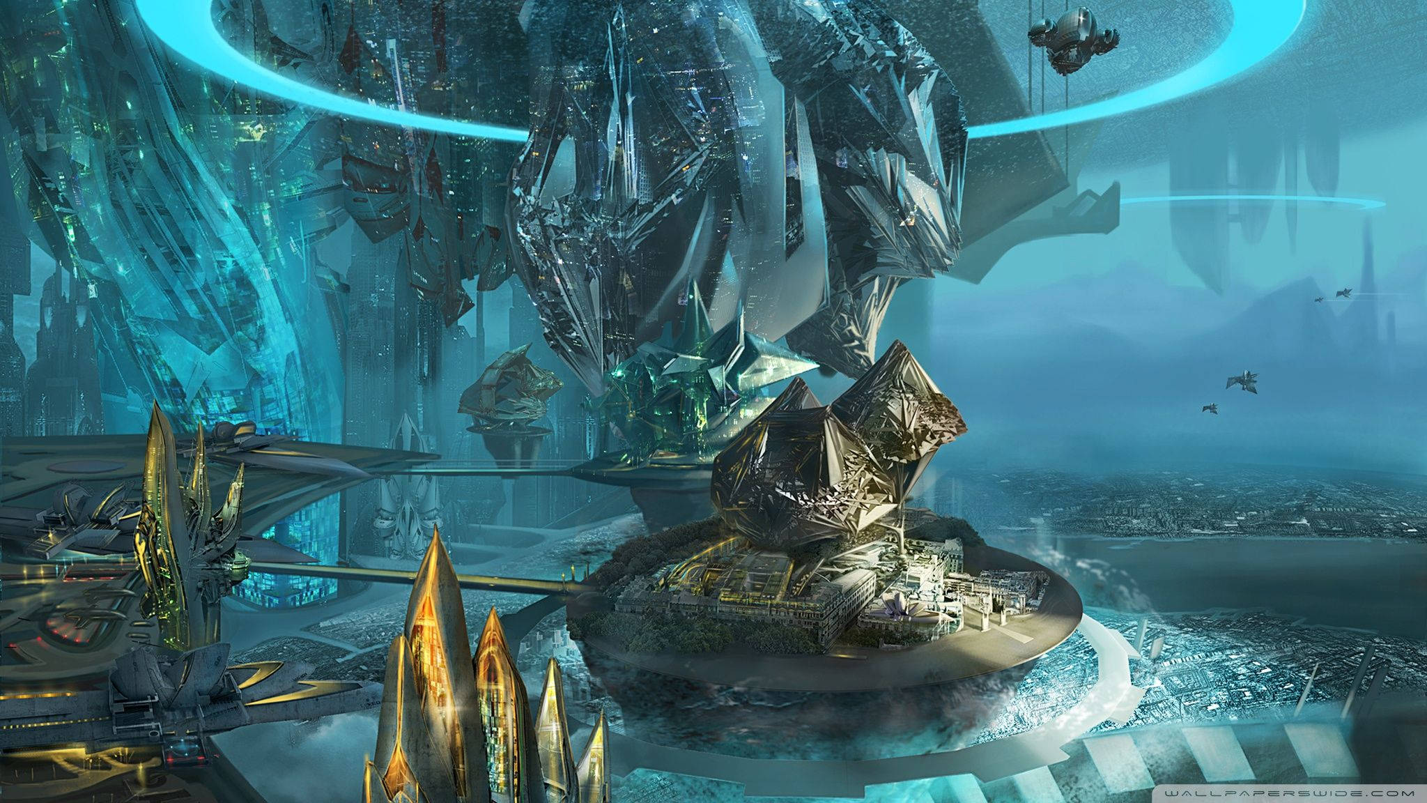 futuristic city, colossal crystalline structures, glowing blue energy arcs, Full HD Desktop Wallpaper