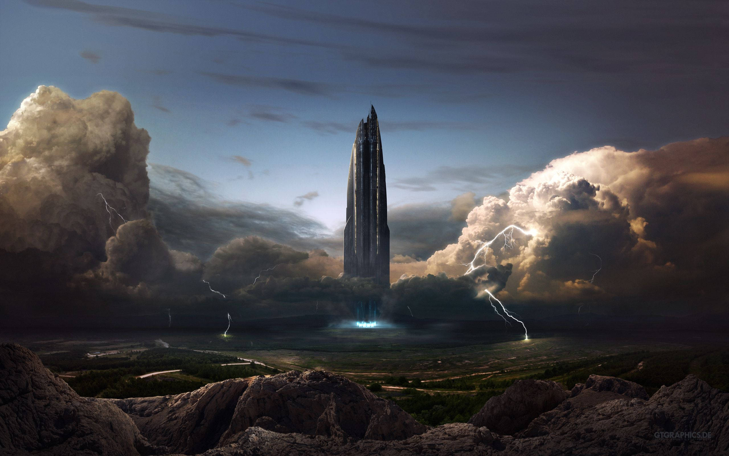 futuristic spire, stormy plain, lightning, 2K Desktop Wallpaper