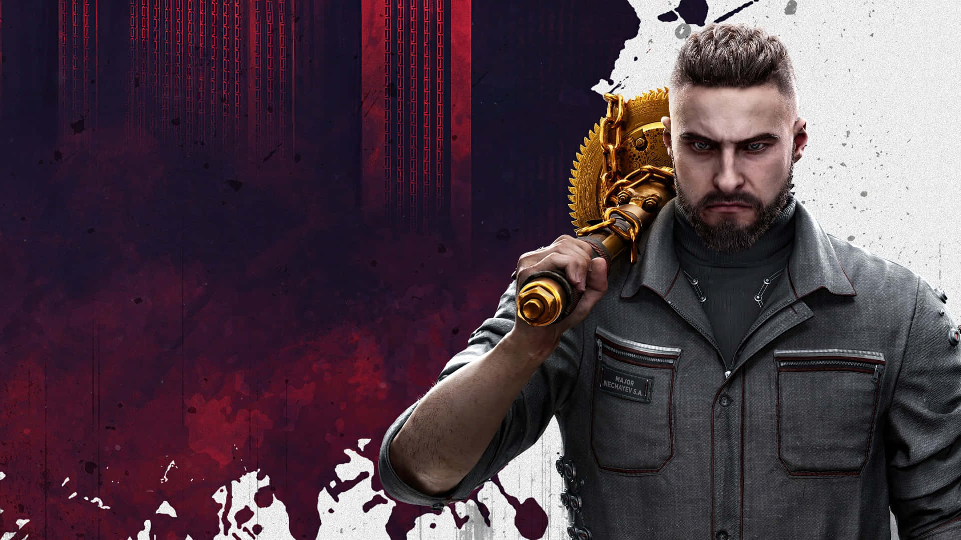 gray jacket, golden mechanical weapon, red and white splattered background, Full HD Desktop Wallpaper