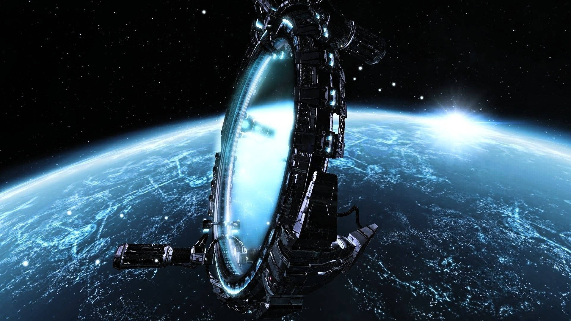 futuristic space station, glowing blue ring, starry black sky, Full HD Desktop Wallpaper