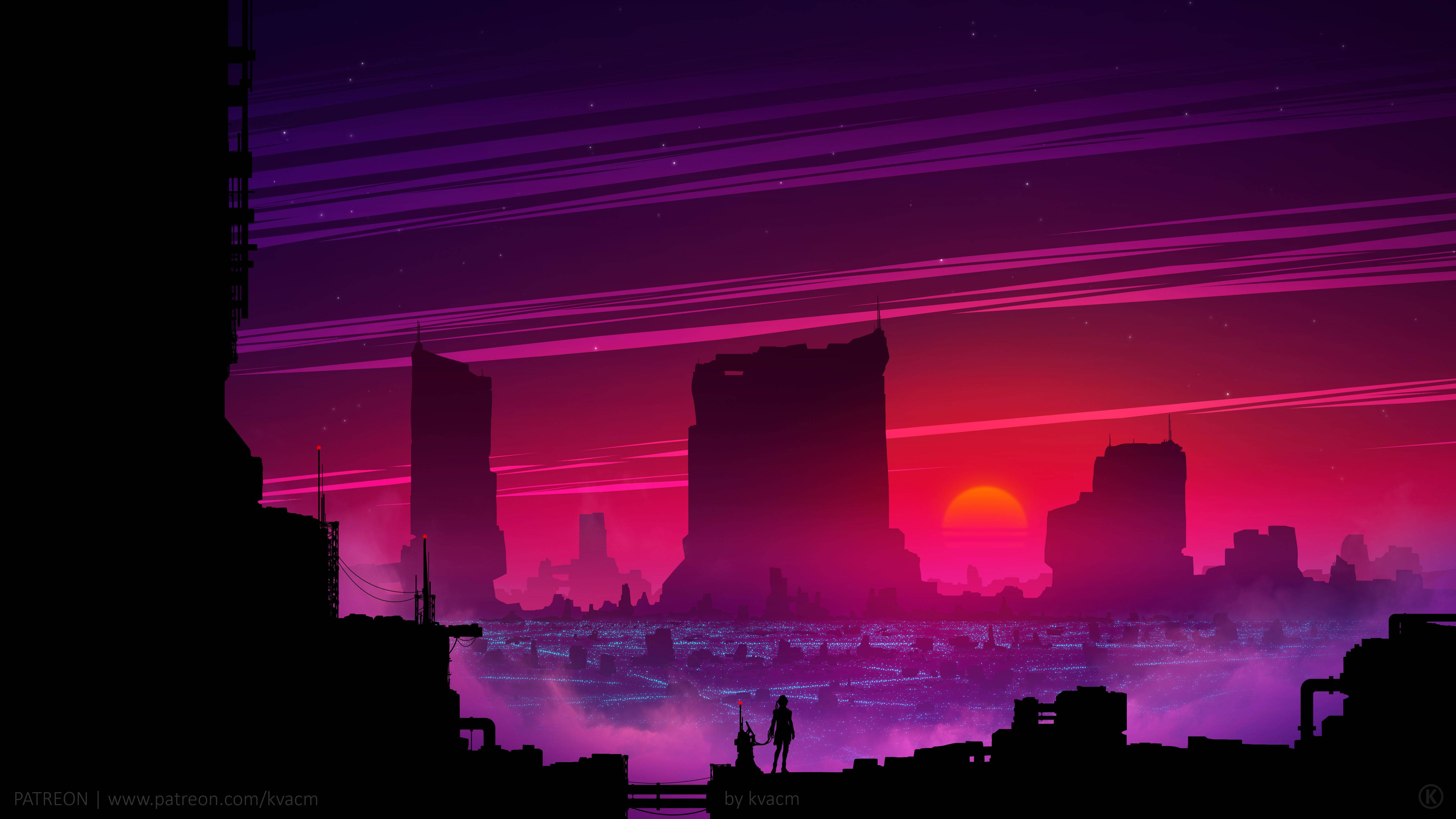 synthwave, neon-drenched cityscape, sunset, 5K Desktop Wallpaper